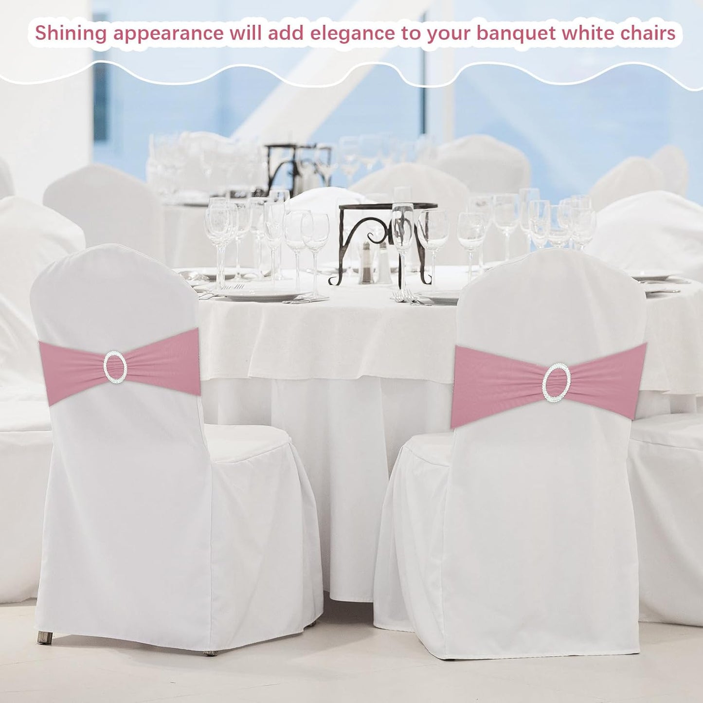 CHENGU 150 Pieces Spandex Stretch Chair Sashes Bows Elastic Chair Cover Bands Ties with Buckle Slider for Wedding Party Reception Events Universal Ceremony Banquet Decorations(Dusty Pink)