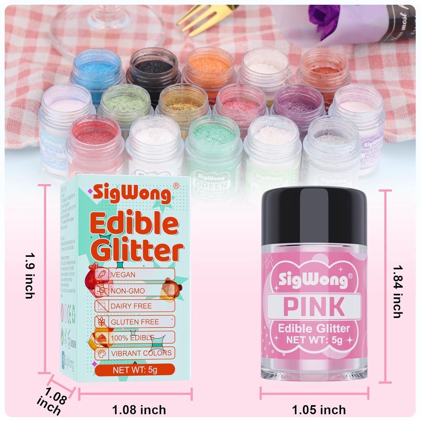 Pink Edible Glitter - 5g Food Grade Cake Decorating Shimmering Glitter, Edible Sprinkle Luster Dust for Drinks, Chocolates, Fondant, Strawberries, Cupcakes, Candy, Cookie - Vegan