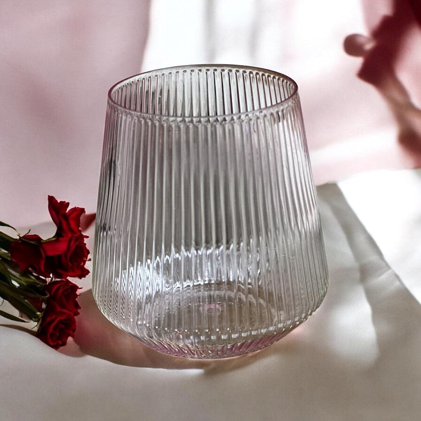 40 count Origami Ripple Unbreakable Stemless Plastic Wine Champagne Whiskey Glasses Elegant Durable Disposable Indoor Outdoor Ideal for Home, Bars, Wedding, Ribbed 12 Ounce Cups (Pink)