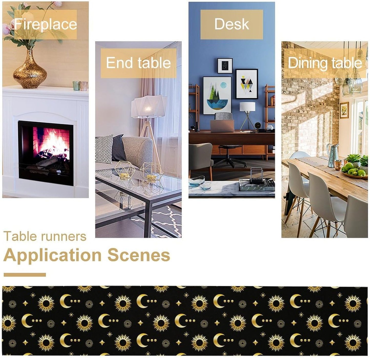 Magic Gold Sun Moon Stars Table Runner Mystical Farmhouse Rustic TableRunner for Party Holiday Dining Room Kitchen 13x90 Inch