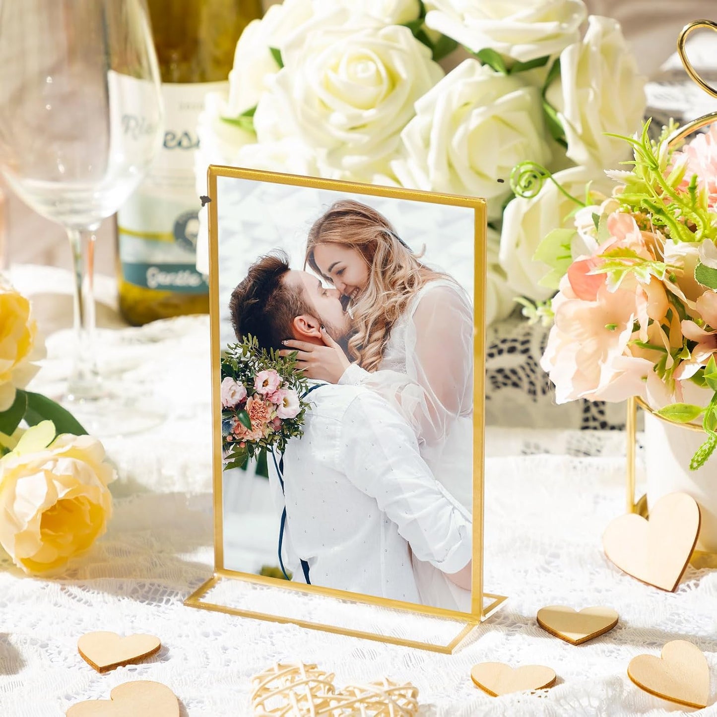 Hoteam 24 Pack 5 x 7 Clear Acrylic Sign Holder with Gold Borders, Gold Picture Frame, Double Sided Wedding Table Number, Acrylic Menu Stands for Wedding Table, Restaurant Sign, Photos Display