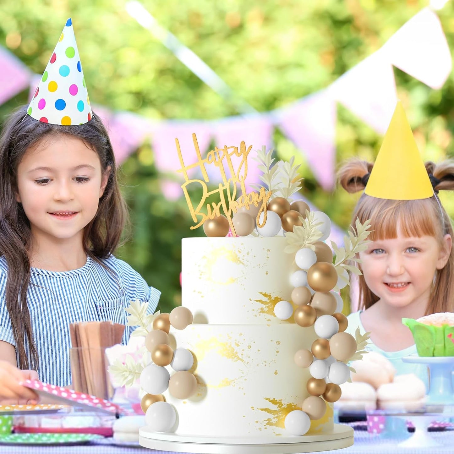 MIAHART Ball Cake Toppers Boho Grass Cake Topper Ball Cake Insert Decoration for Birthday Wedding Baby Shower Party Decorations Boho Themed Party Supplies (khaki,gold,white)