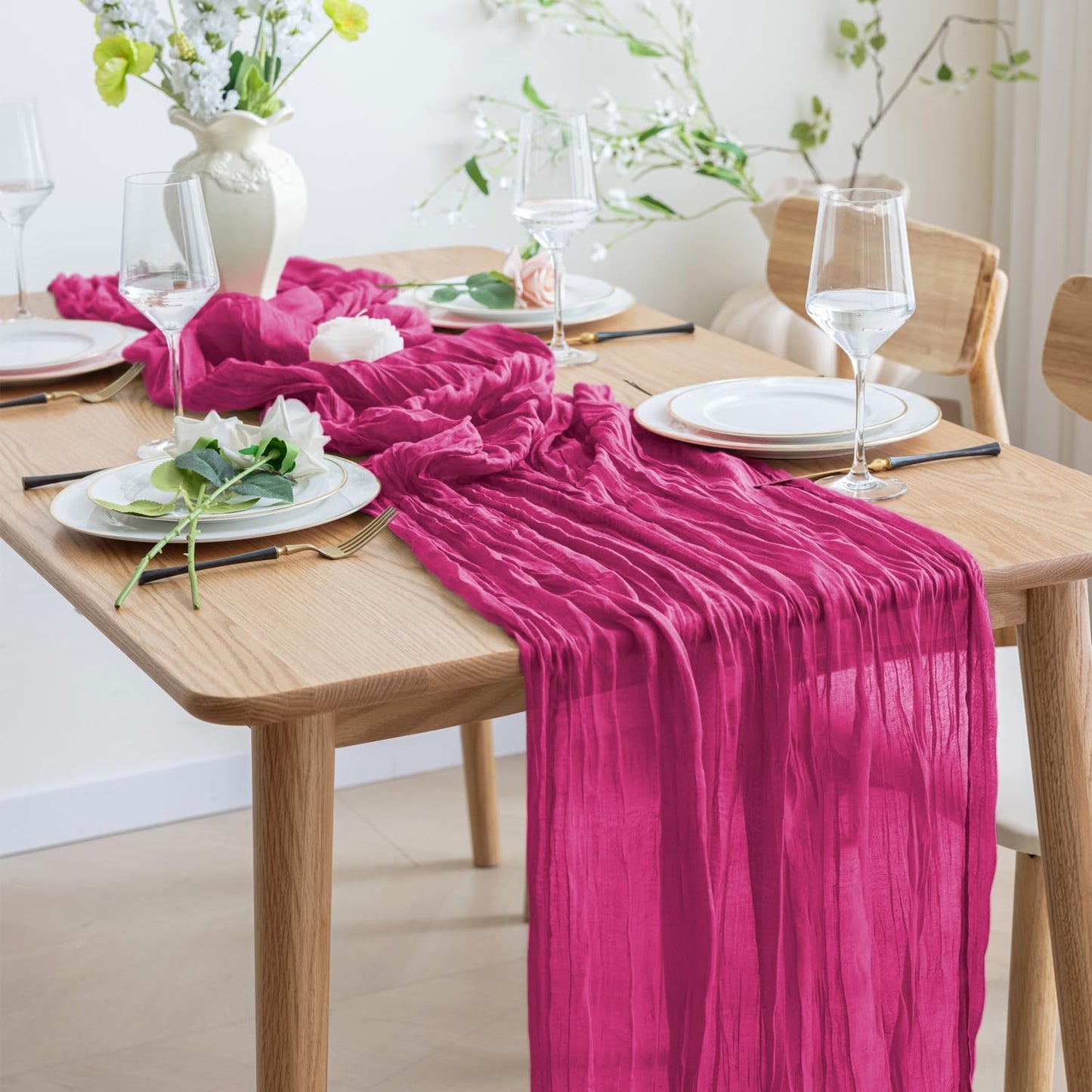 Asee'm 12pcs Cheesecloth Table Runner 120 Inches Long Fuchsia Boho Gauze Cheese Cloth Runner 10FT Rustic Sheer Table Runners for Christmas Wedding Party Baby Shower Spring Easter Decoration