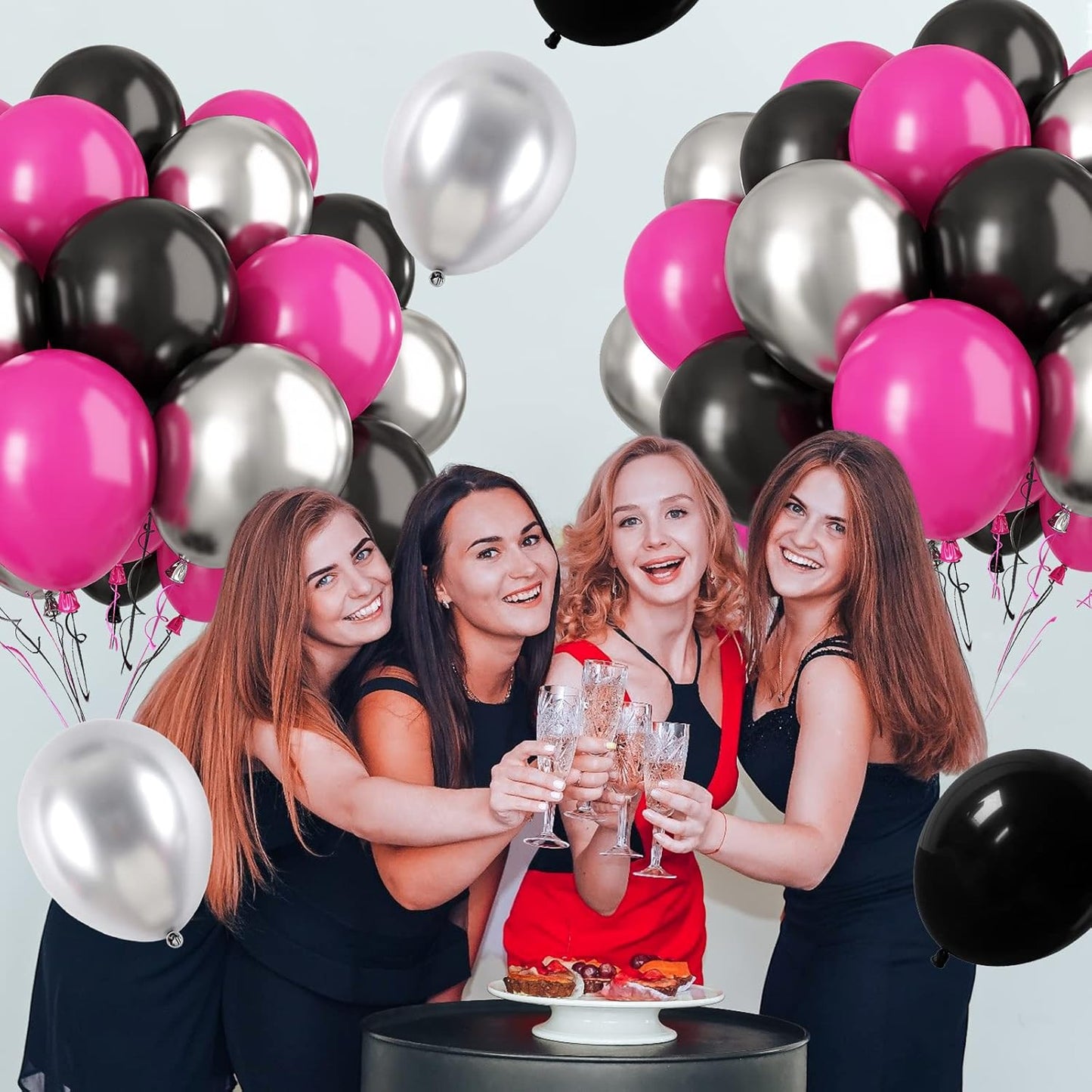 Paready Hot Pink and Black Balloons, 30 Pcs 12 Inch Black Hot Pink and Silver Latex Balloons with Ribbons for Girls Birthday Engagement Anniversary Wedding Bridal Shower Party Graduation Decoration