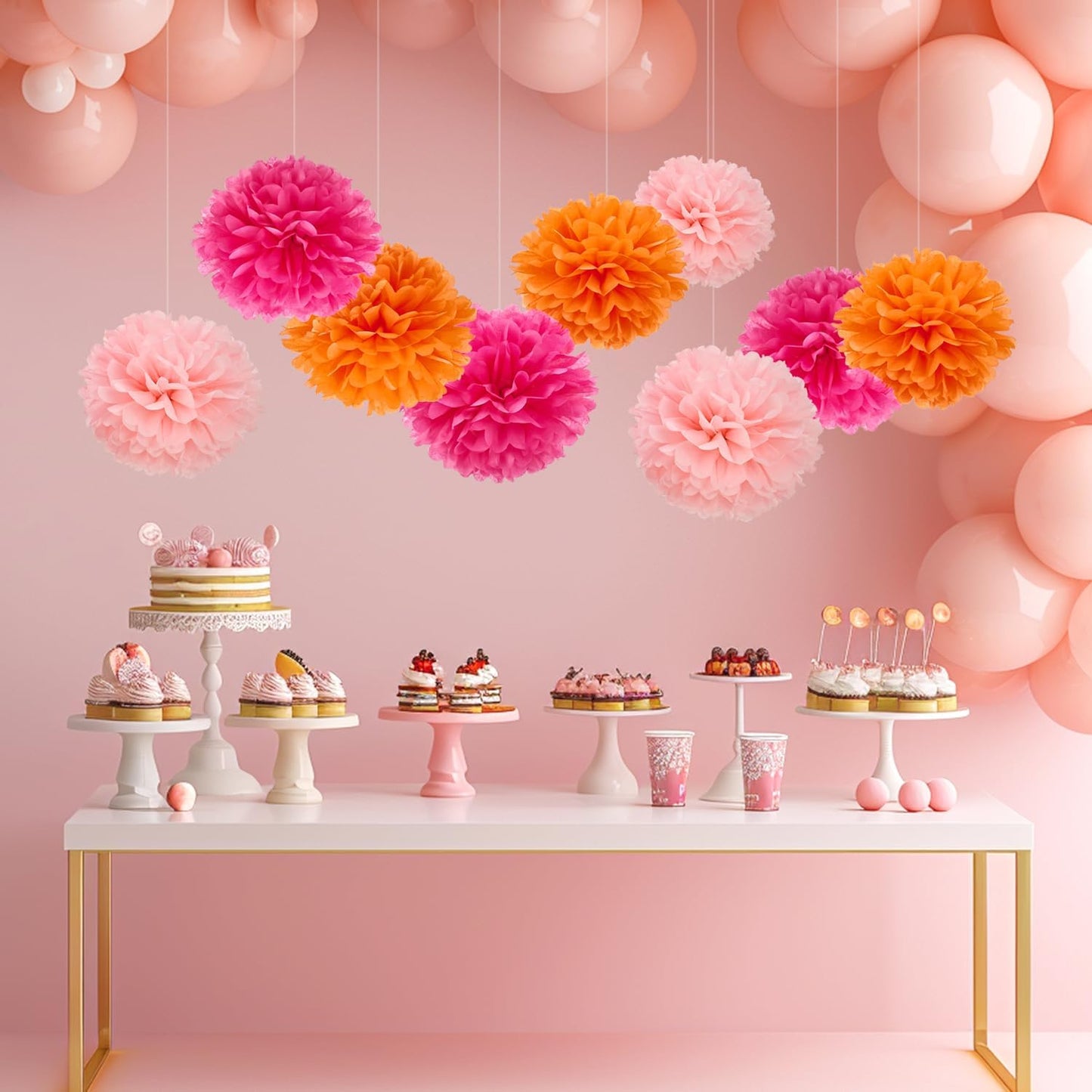 WEVEN Tissue Pom Poms Tissue Paper Flowers Tissue Fluff Balls Party Decorations 12-Inch Pack of 12 (Orange, Pink)