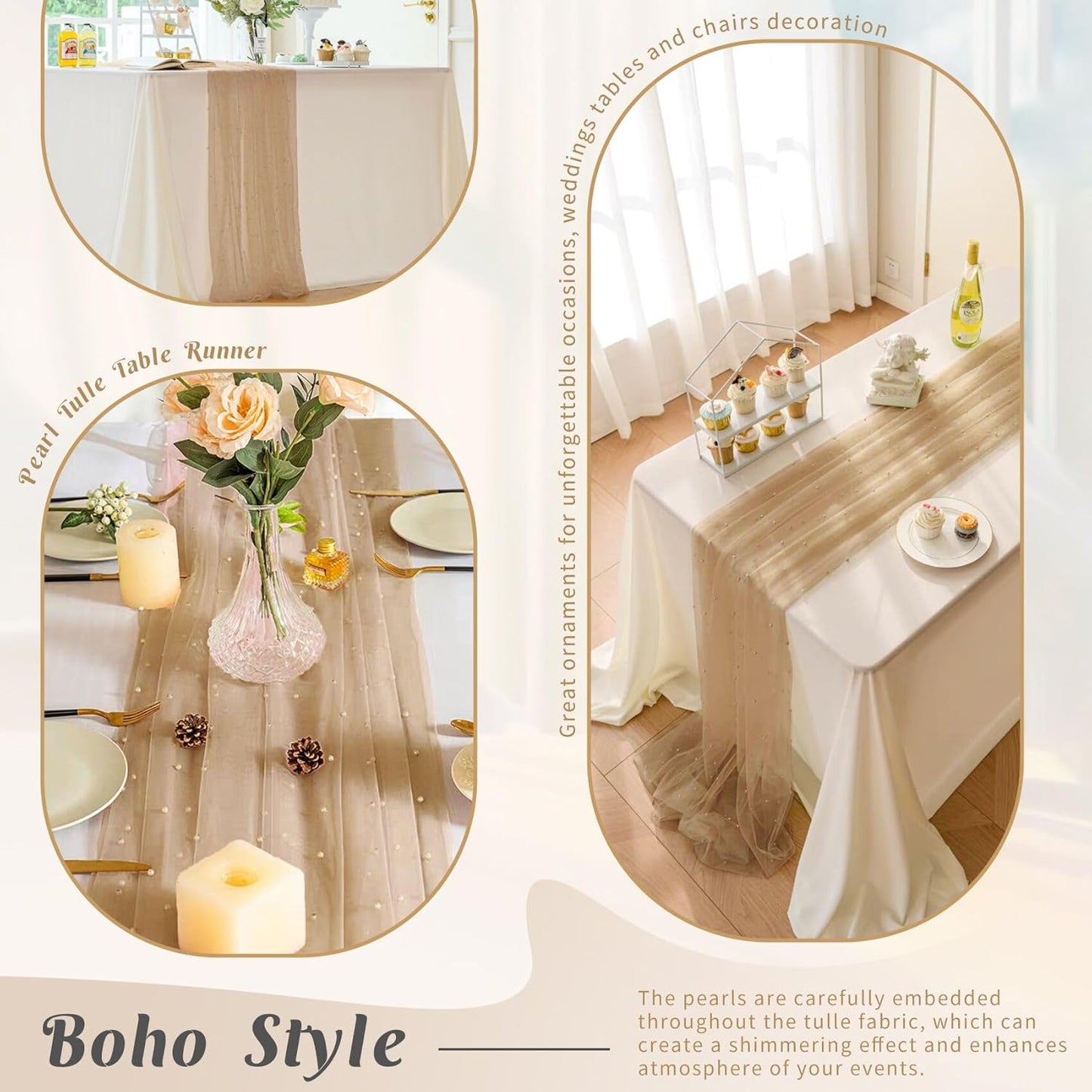 Set of 6 Pearl Table Runner 29 x 120 Inch Tulle Fabric Lace Table Runners Boho Rustic Tablecloth for Bridal Shower Birthday Party Wedding Arch Aisle Veil Dessert Table Decor(Nude)