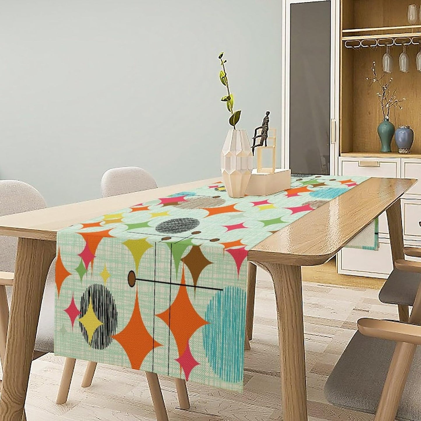 Mid Century Table Runner,Abstract Retro Modern Geometric Colorful Stripe Pattern Print Tablecloth Burlap for Hotel Indoors Outdoor Dining Room Kitchen Holiday Party, 13x36in