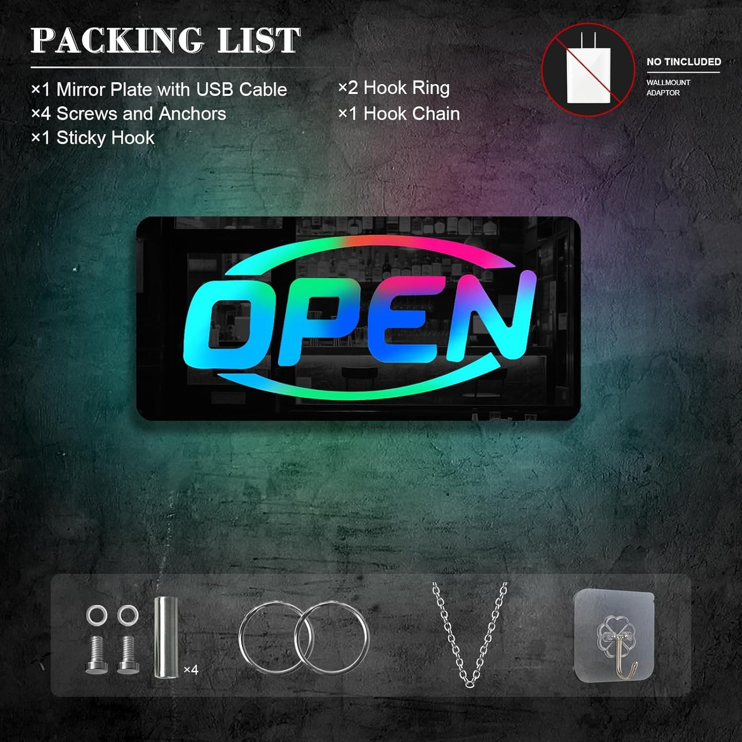 Ineonlife Open Neon Sign Square Mirrored Colorful LED lights for Business Decor Bright Led Light Signs Window Door Decoration Bar Shop Coffee Salon Hotel Store 14.57 x 6.69 inches USB Powerd