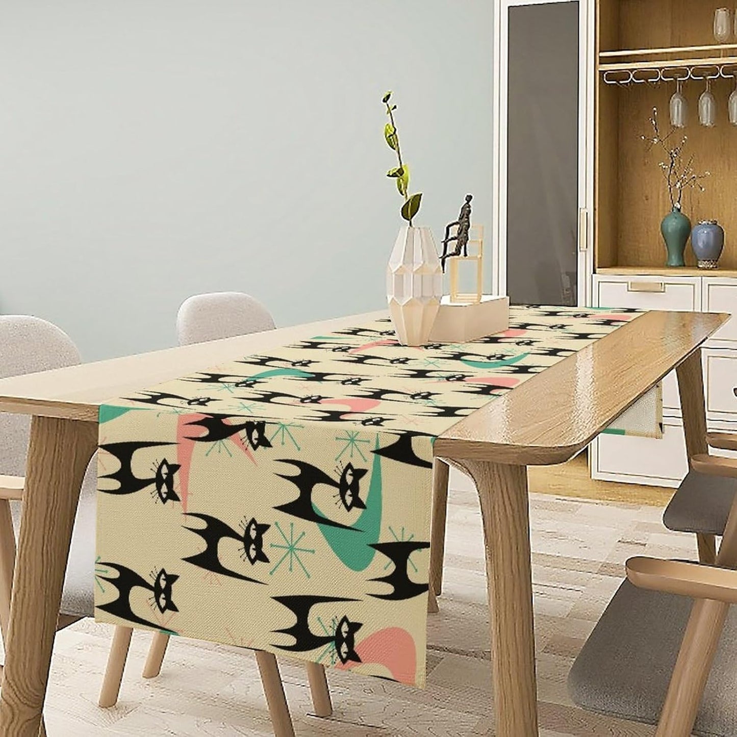 Mid Century Table Runner,Cat Geometric Stripe Colorful Abstract Pattern Print Tablecloth Burlap for Hotel Indoors Outdoor Dining Room Kitchen Holiday Party, 13x90in