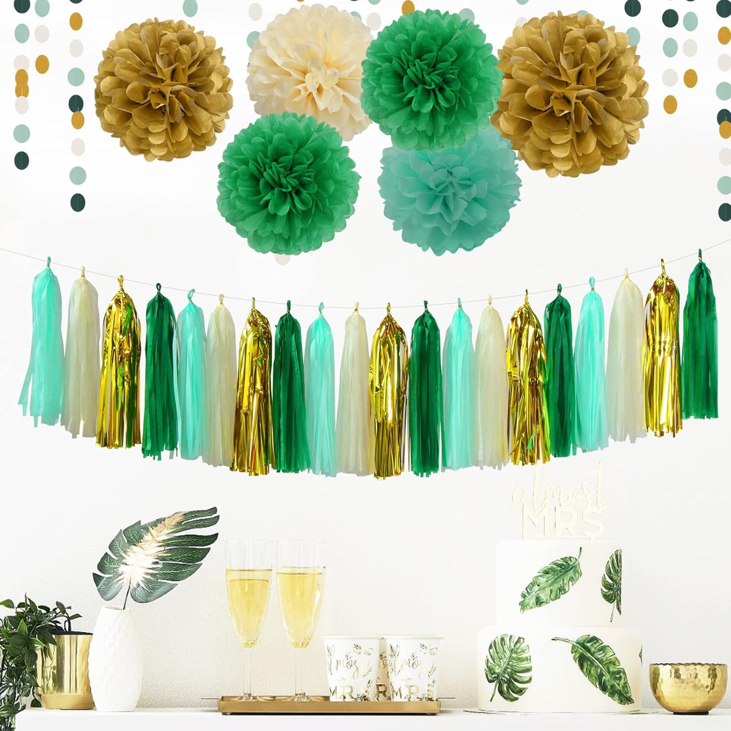 Sage-Green Beige-Gold Baby Bridal-Shower Decorations - 30pcs Rustic Wedding Tissue Pom Poms,Tassel Garland Banner,Birthday Gender Reveal Bachelorette Engagement Party Decor Bunting Lasting Surprise