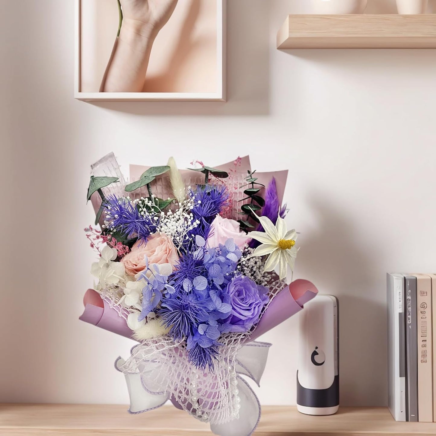 Preserved Flowers Bouquet Romantic Valentines Day Gift for Her LED Light 3 Preserved Real Rose for Delivery Christmas Mothers Day Birthday Gifts for Women Mother Wife Girlfriend (Purple)