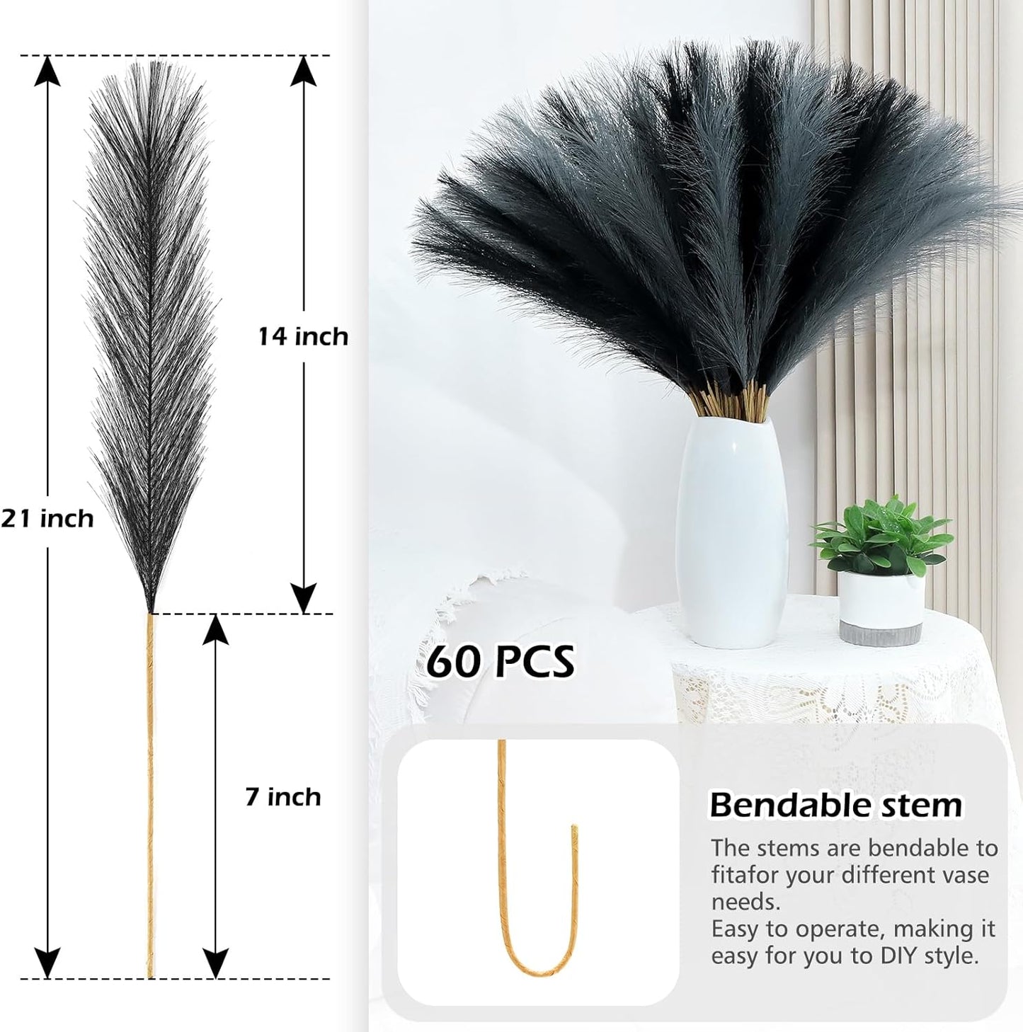 60 Pcs Pampas Grass Decor 21.7 Inch Faux Light Grey and Dark Grey Pampas Grass Bulk Artificial Dried Flowers Small Vase Filler Pompas Grass.