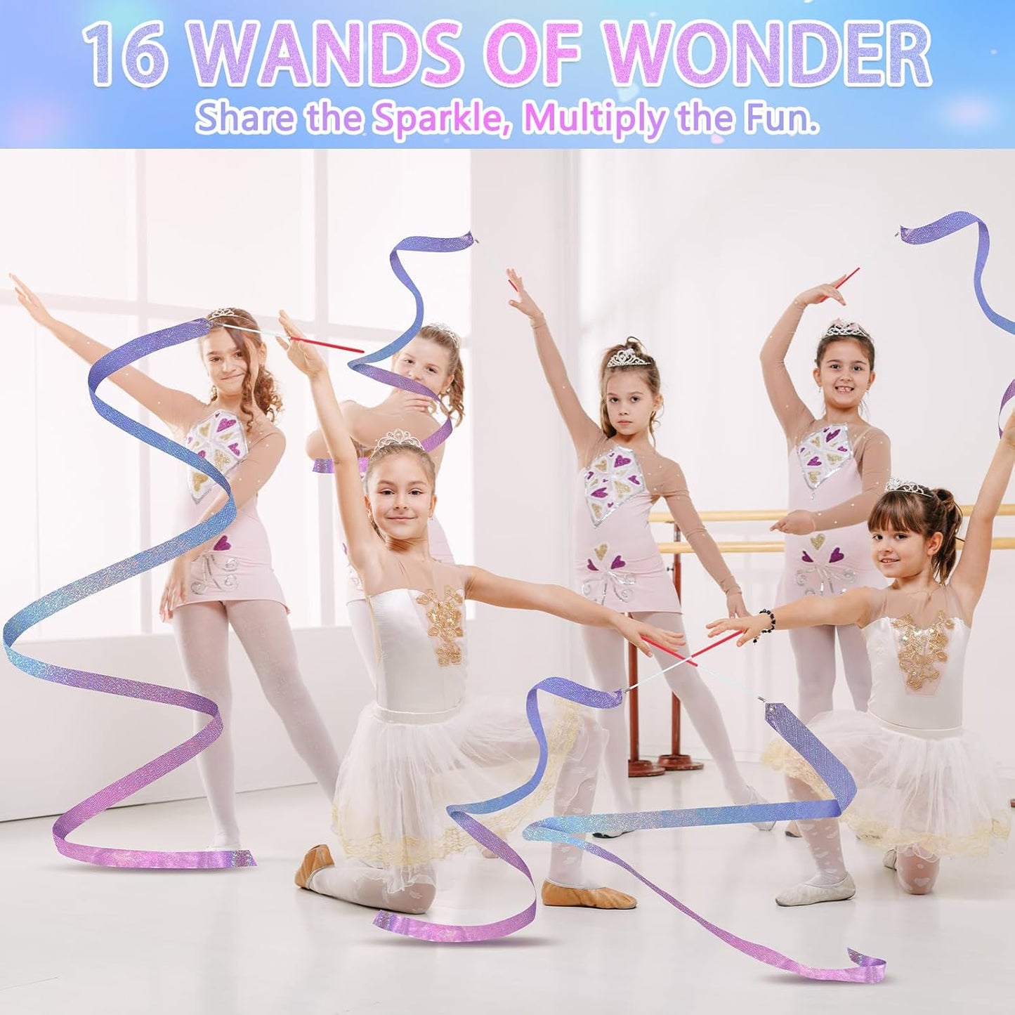 16 Pcs Sparkling Dance Ribbon for Kids Rhythmic Gymnastics Birthday Party Favors Twirling Streamer for Girl Princess Artistic Dancing Outdoor Game Supplies(Gradient Blue Purple)