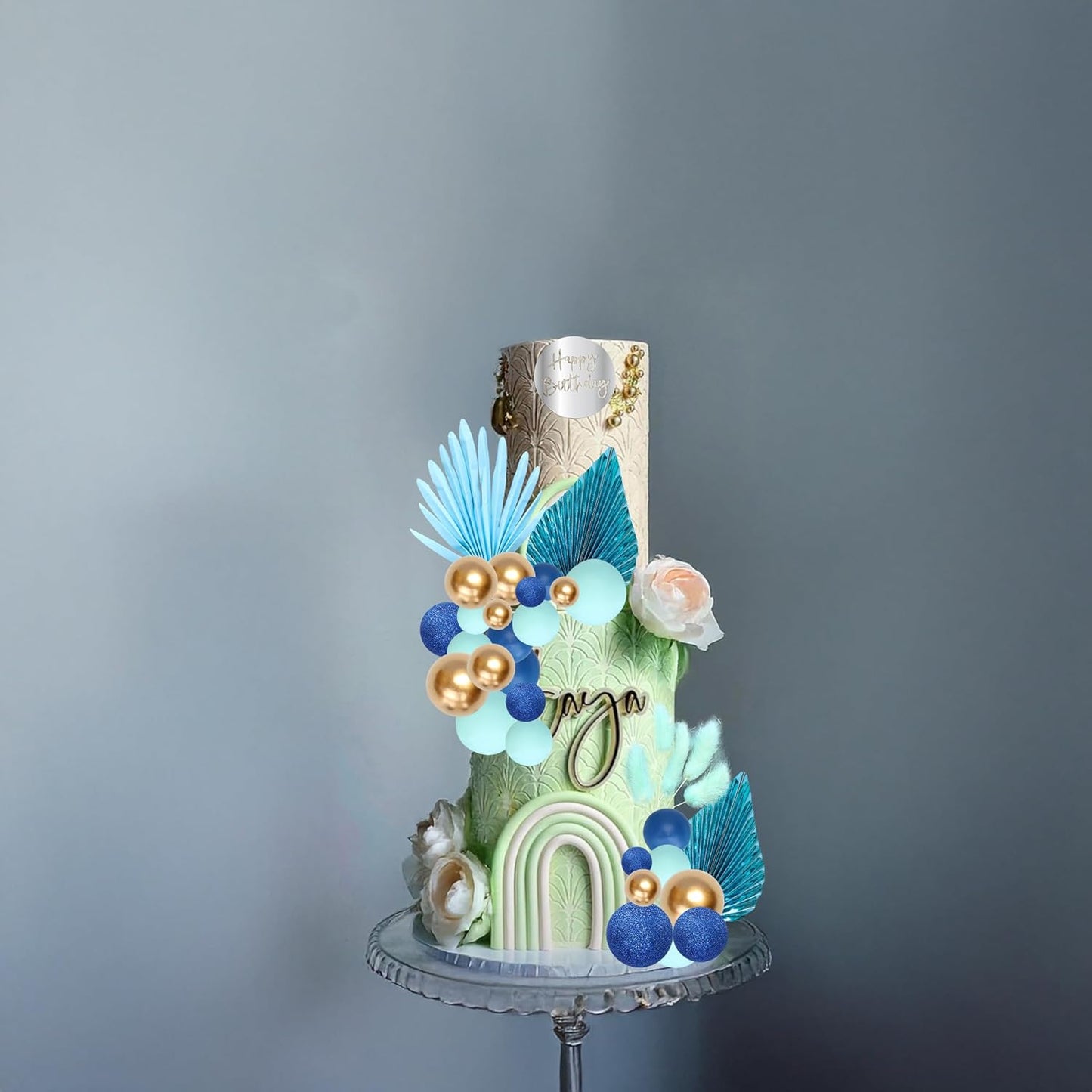 Ephlyn 33 Pack Balls Cake Toppers Boho Palm Leaves Cake Decorations Round Acrylic Happy Birthday Cupcake Toppers for Birthday Wedding Baby Shower Party Supplies Blue