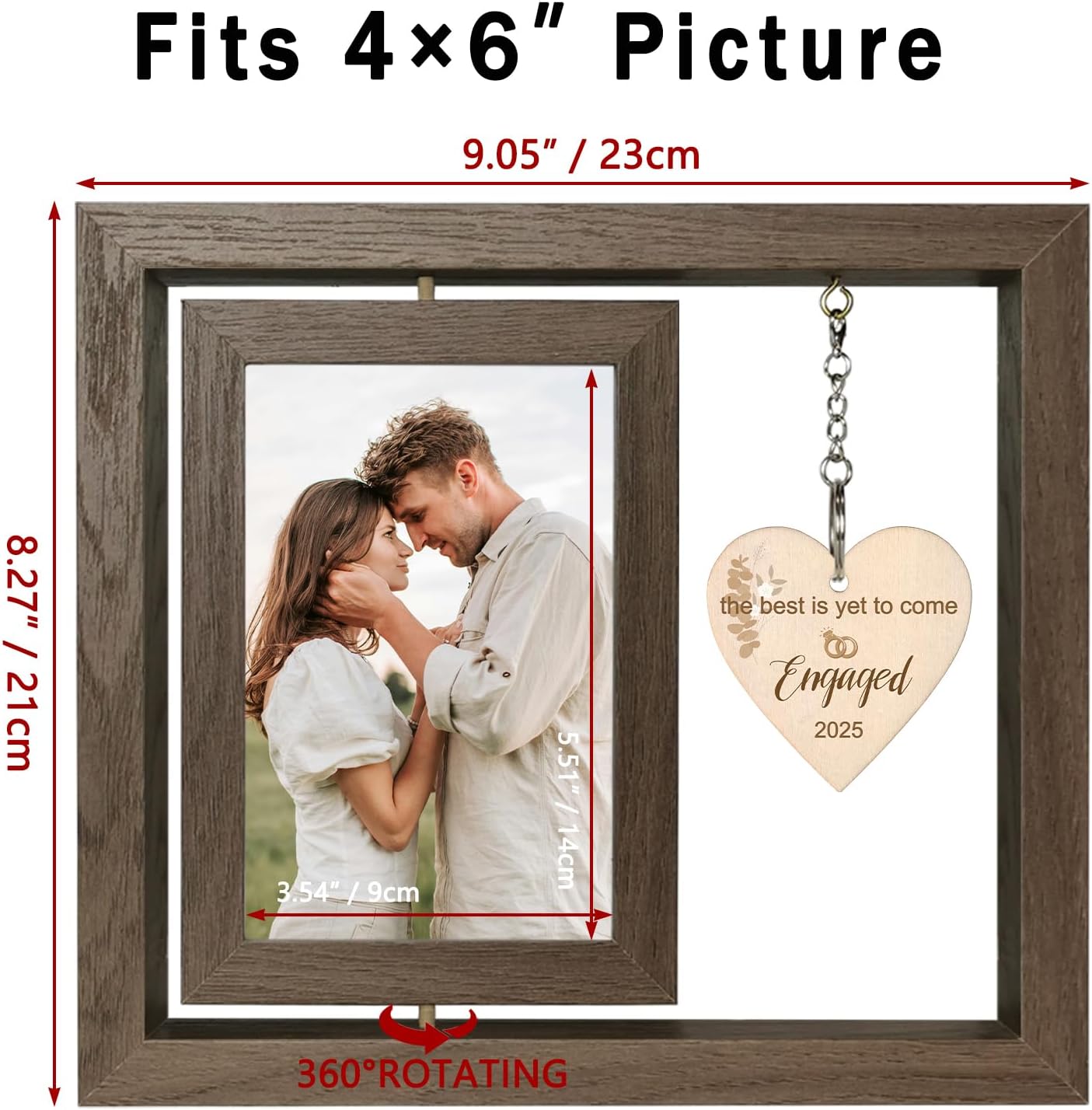 Rotating Engagement Picture Frame - Engagement Gifts for Couples, Holds Two 4x6 Photos, Real Glass Cover, Rustic Wooden Design with Heart Pendant, Gift-Ready Packaging