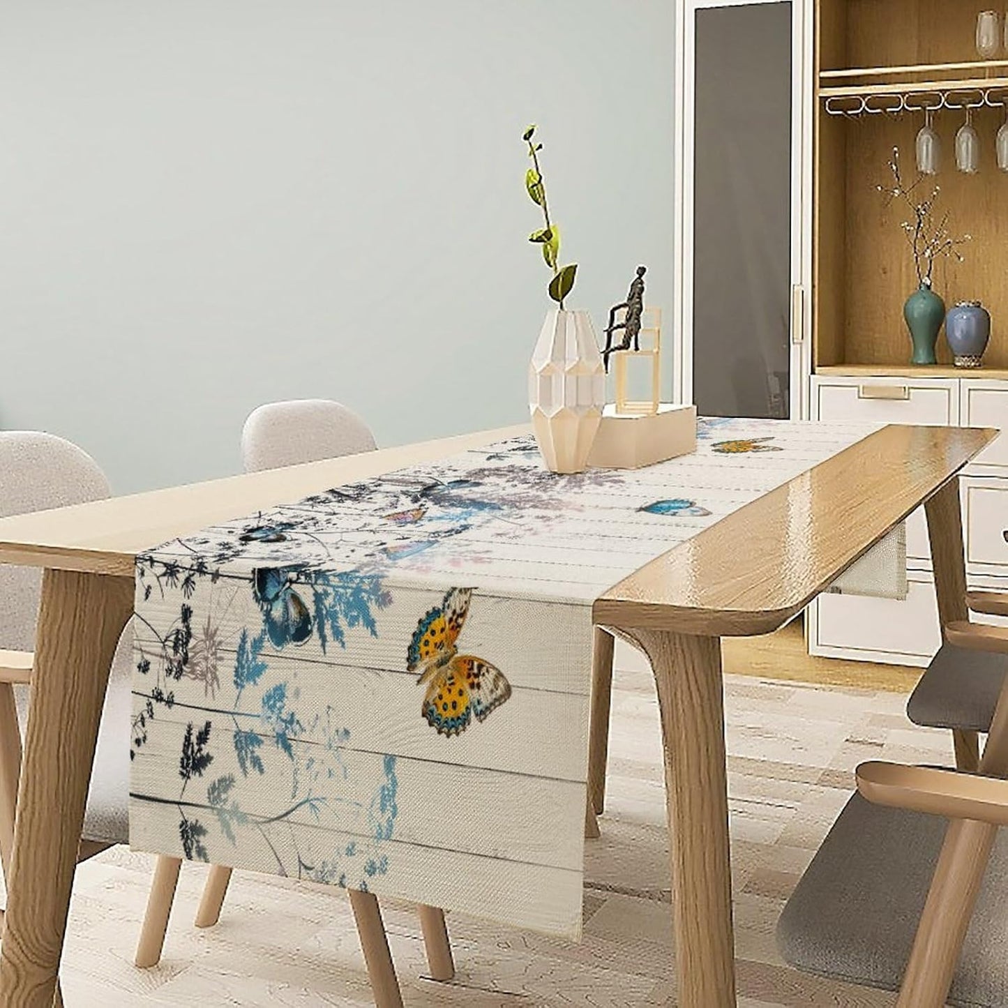 Nature Dandelion Table Runner,Rustic Floral Wood Plank Butterfly Girl Women Pattern Print Burlap Tablecloth for Hotel Indoors Outdoor Dining Room Kitchen Table Decor, 13x70in