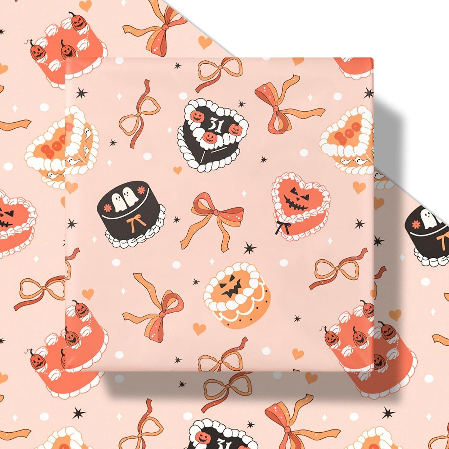 LeZakaa Halloween Cake Wrapping Paper Roll, Cute Halloween Cakes with Ghosts Pumpkins Bows Design, for Trick-or-Treat Party, Girls Women Bakers, Mini Roll 17 in x 16.4 Ft