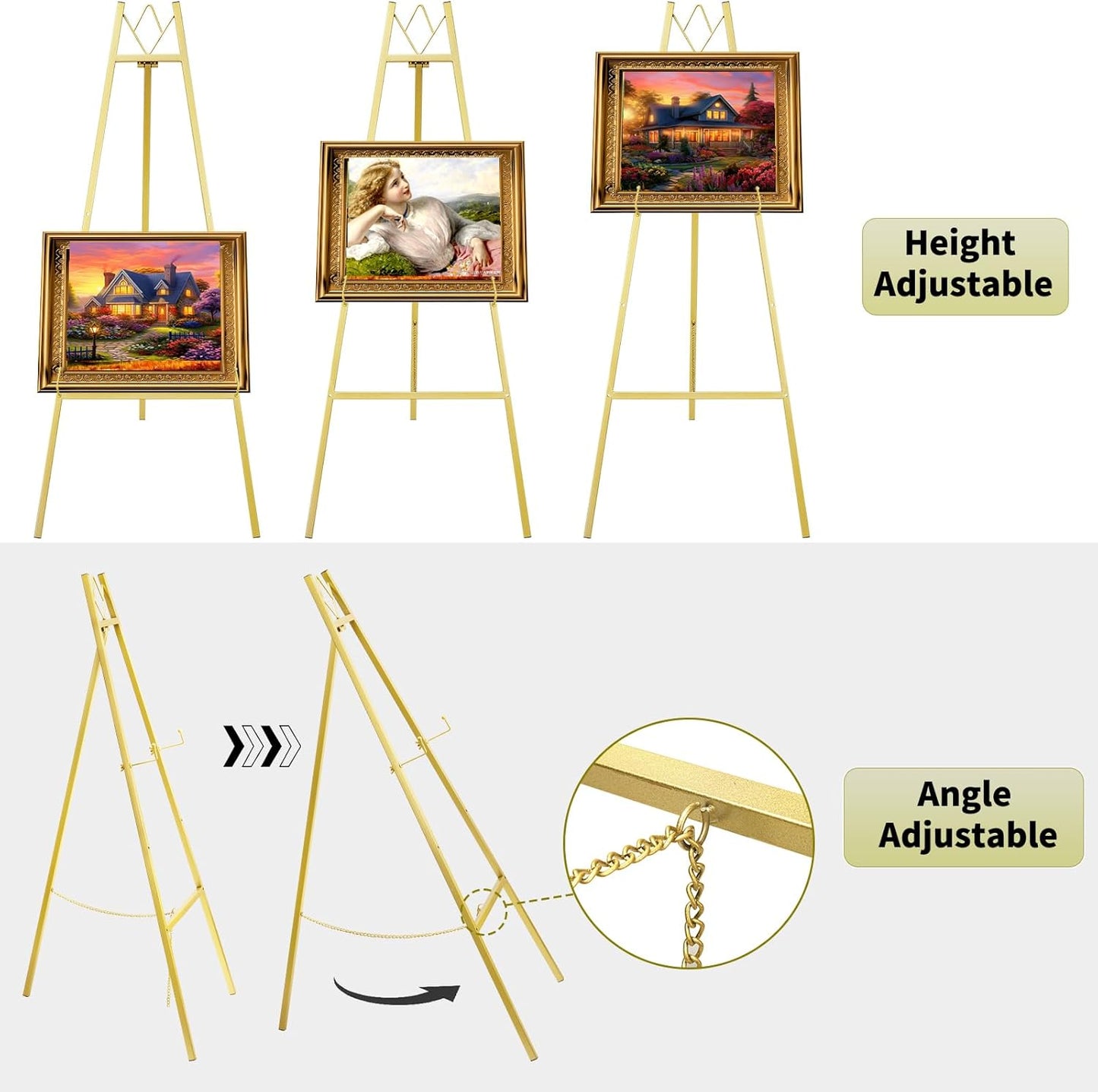 GRENTY 46.7" Gold Easel Stand for Wedding Signs – No Assembly Needed, Heavy Duty Metal Display Stand for Art, Welcome Signs, Posters, Pictures, Paintings, and Floor Décor