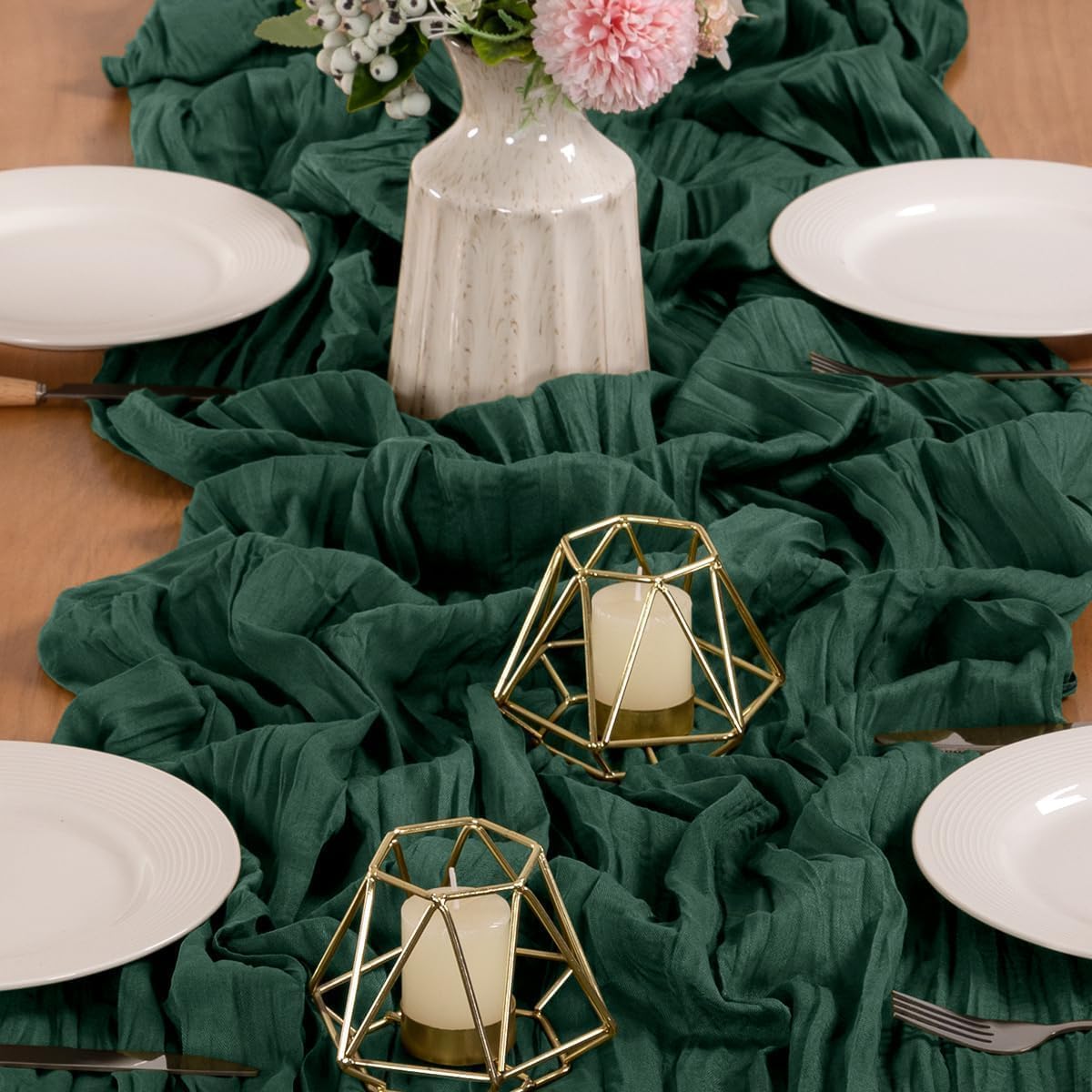 MLMW Christmas Table Runner Cheesecloth Emerald Green Table Runner Boho Cheese Cloth Gauze 160 inch Rustic 13.3ft for Party Wedding Baby Bridal Shower Birthday
