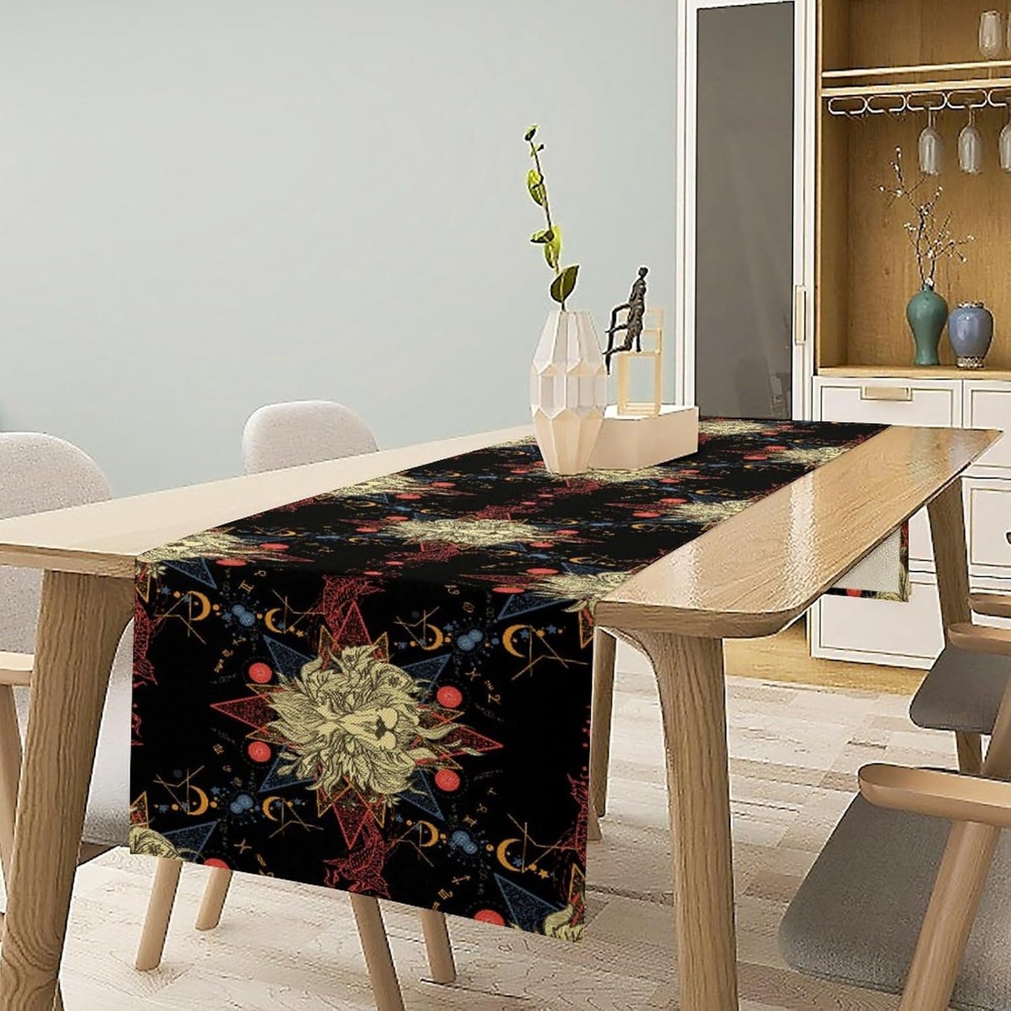 Boho Moon Lion Table Runner, Chinese Fish Phase of The Moon Sun Moon Table Runner for Kitchen Dining Table Home Party,13x120 Inch Black Red