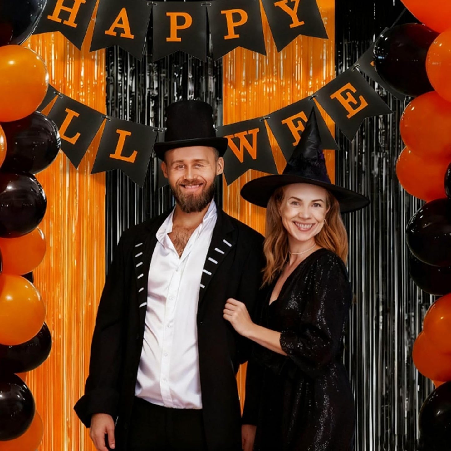 Foil Fringe Curtains-4 Pack of 3.2x8.2ft Orange Black Foil Fringe Curtains for Birthday Halloween Photo Backdrop Party Decorations, Orange and Black Party Streamers for Photo Booth Props