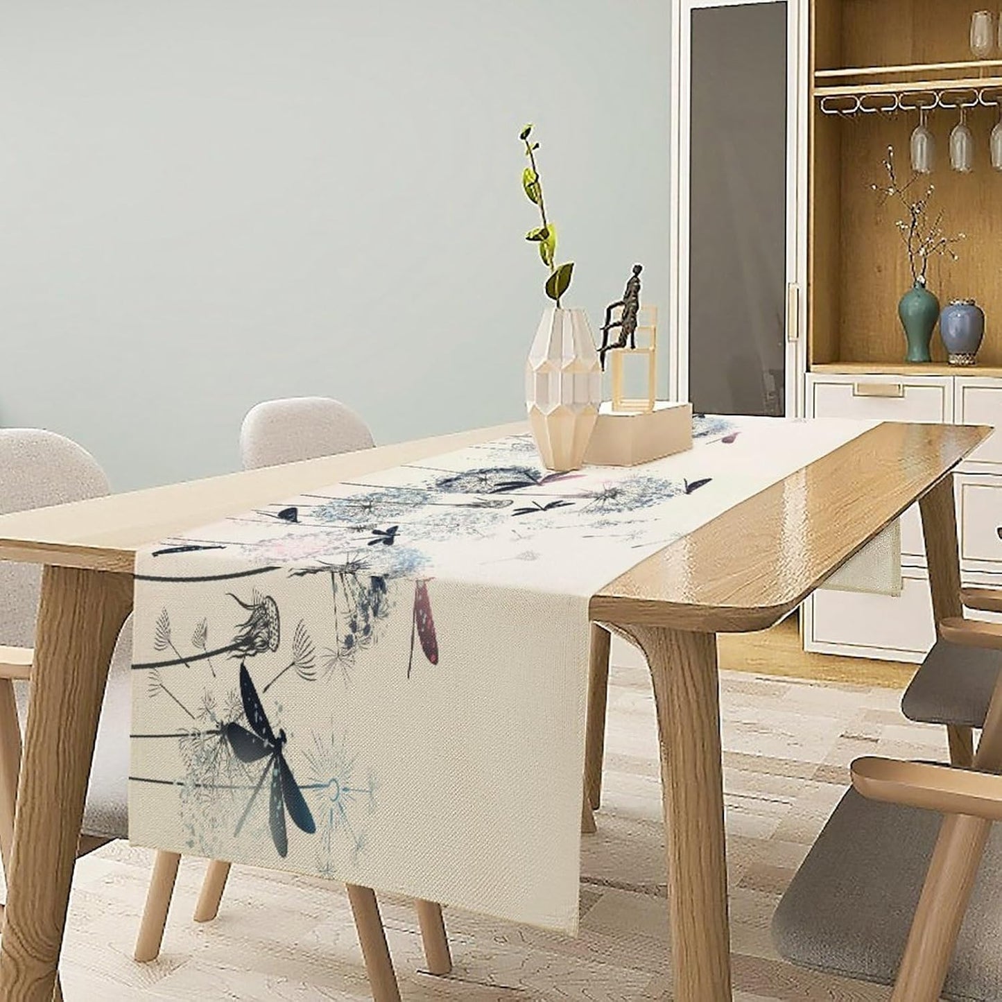 Dandelion Table Runner,Nature Rustic Dragonfly Teal Blue Floral Pattern Print Burlap Tablecloth for Hotel Indoors Outdoor Dining Room Kitchen Table Decor, 13x60in