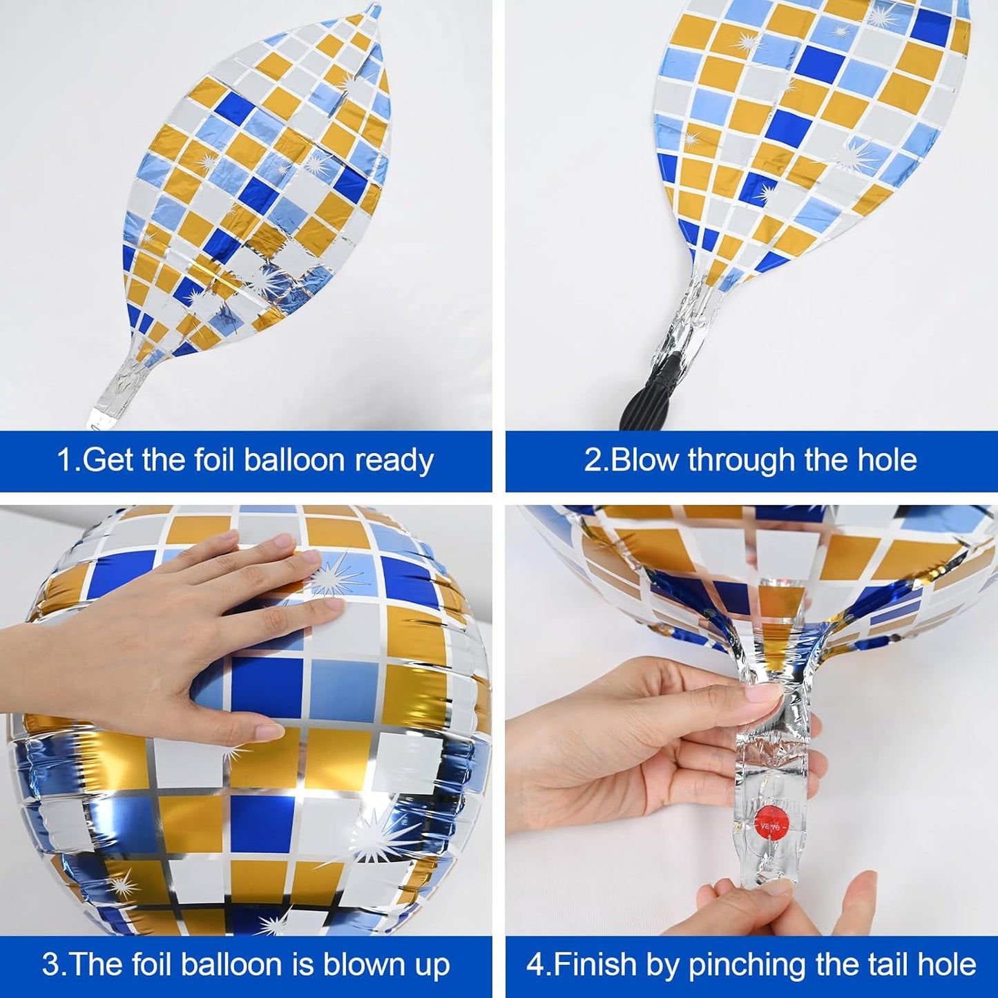 Disco Ball Balloons Blue Gold 4PC,Foil Disco Balloons 22 Inch 4D Round Blue Yellow Balloon for 70s 80s Birthday Bachelorette Graduation Decorations