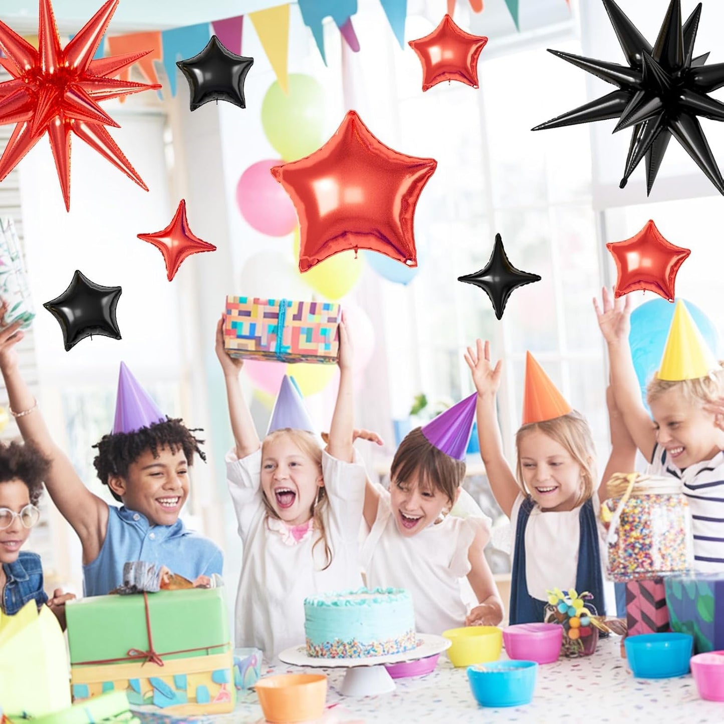16 Pcs Red Black Star Balloons, 22/18/10 Inch Foil Balloons, Explosion Conee Four-Pointed Balloon for Kids Birthday Graduation Prom Wedding Baby Shower Casino Party Decorations
