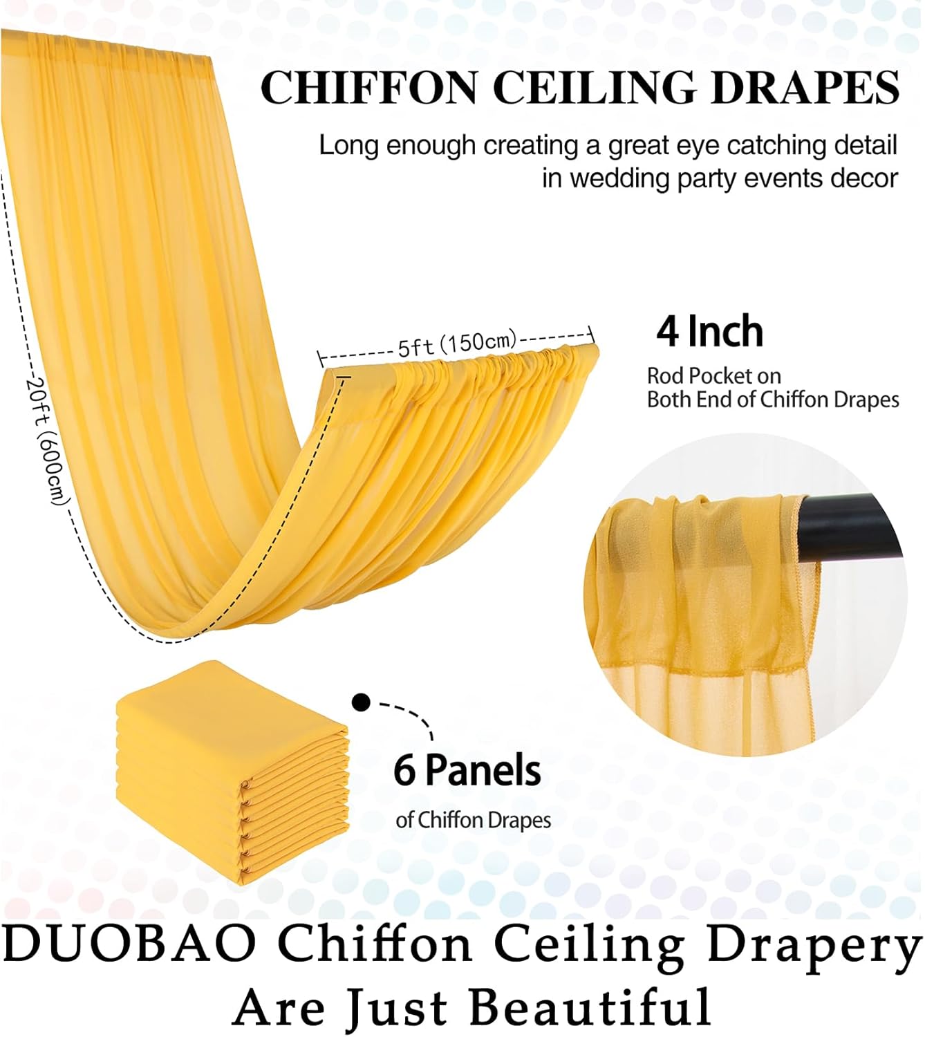 DUOBAO Chiffon Ceiling Drapes 20FT 6 Panels Gold Sheer Wedding Backdrop Curtains for Indoor Events Banquet Hall Tent Drapery Soft Draping Fabric for Arches Christmas and Photography