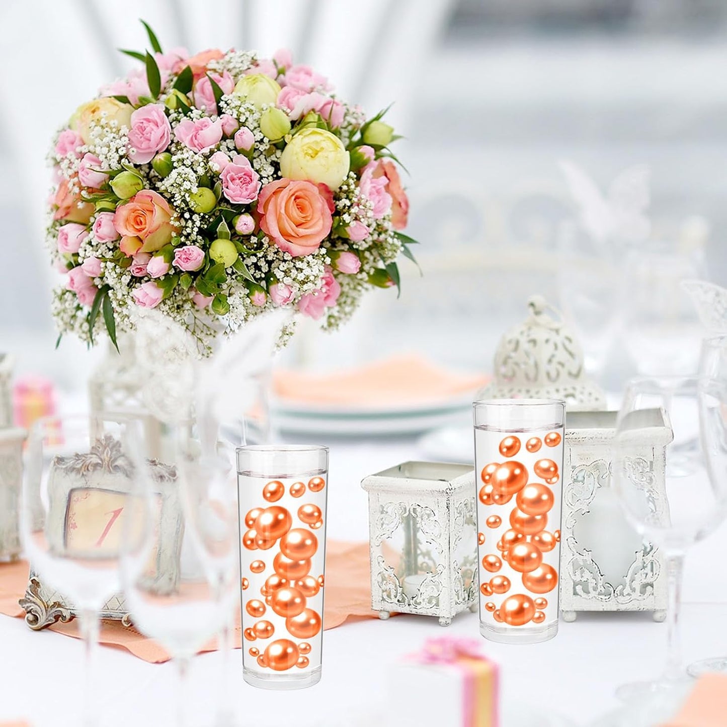 100PCS Orange Faux Pearls Beads for Centerpiece Vases, Vase Filler Faux Pearls, No Holes Filler Beads for Party Anniversary Birthday Wedding Table Decor, 14/20/30mm