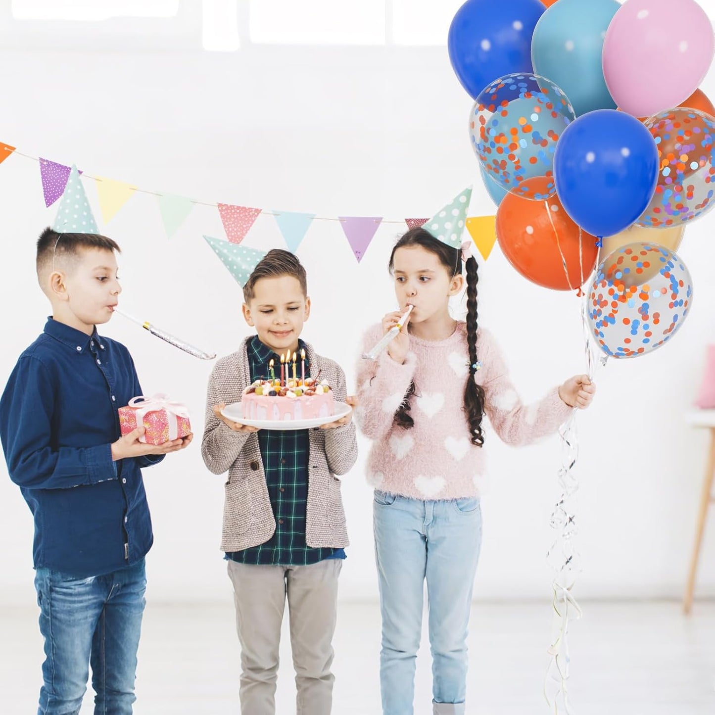 68Pcs Blue and Orange Balloons 12 Inch Nude Color Deep Light Blue Balloon for Birthday Party Decorations Confetti Blue and Orange Graduation Decorations.