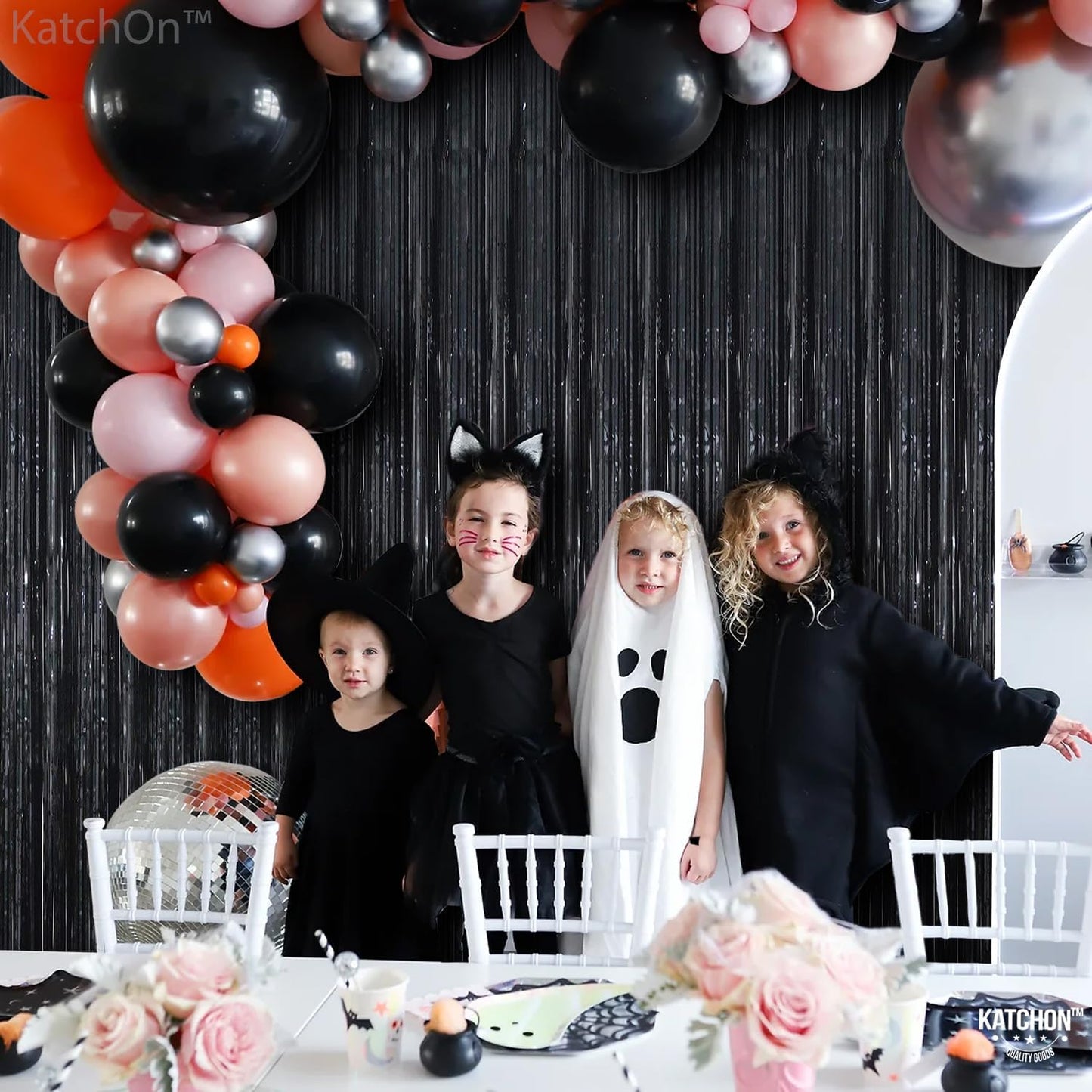 KatchOn Large Black Fringe Backdrop - Pack of 2 | Black Streamers for Halloween Party Decorations | Tinsel Backdrop for Wedding, Anniversary, Engagement, Birthday, Bachelorette Party Decorations