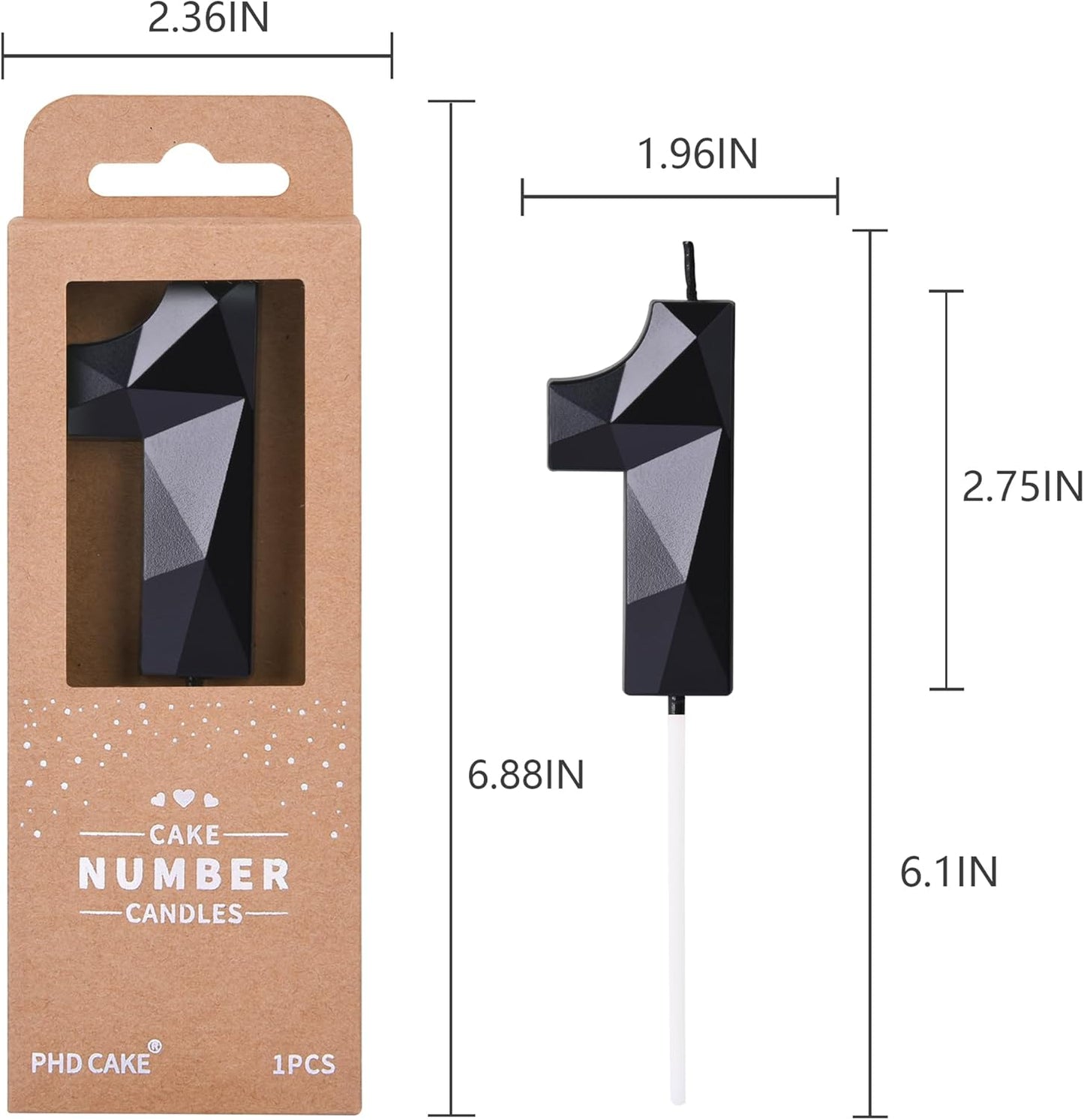 PHD CAKE 2.76 Inch Crystal Black 1 Number Birthday Candles, Black Number Candles, Cake Number Candles, Party Celebration