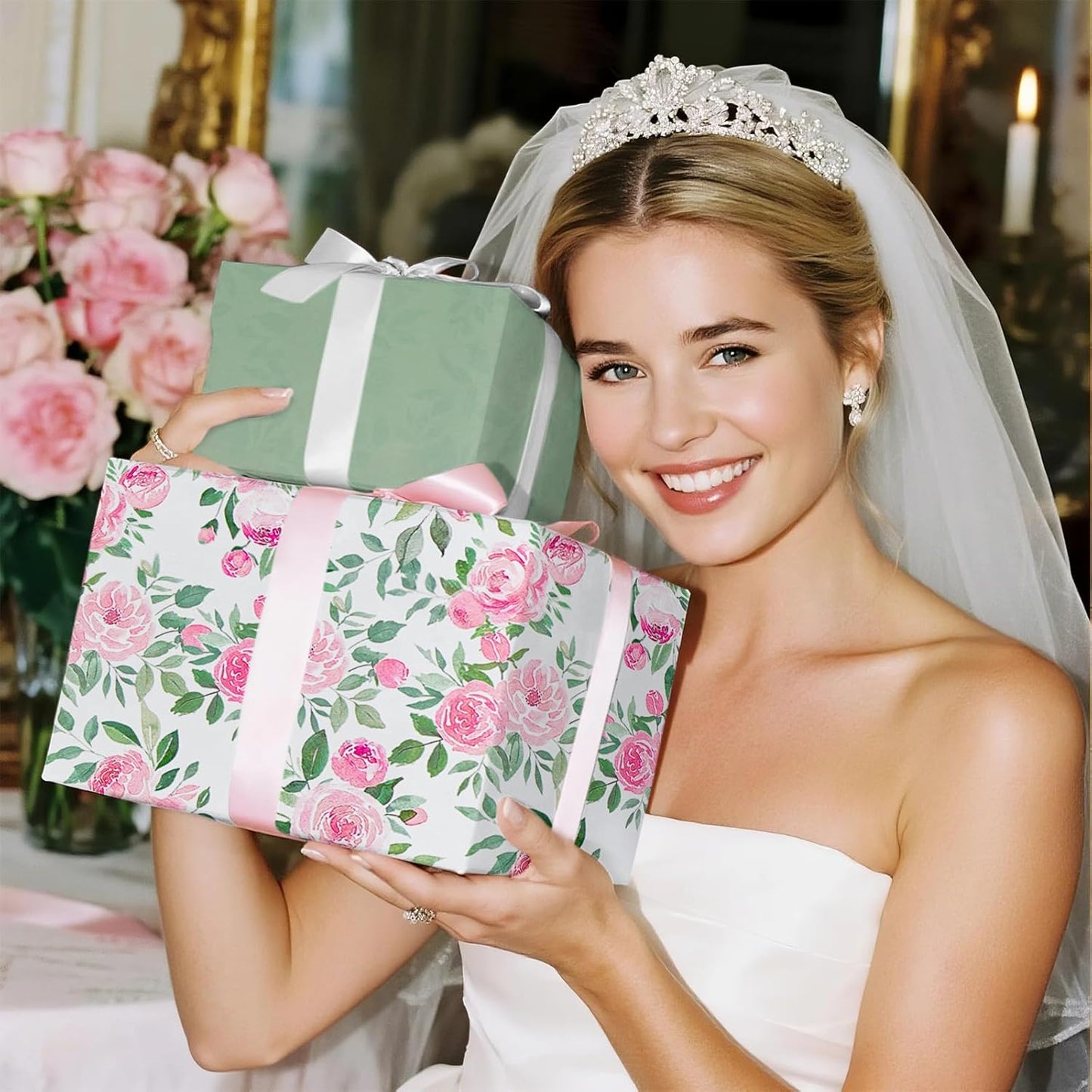 RUSPEPA Reversible Floral Wrapping Paper Roll for Girls Women, Mini Roll, Pink Rose Design and Green Solid Color, Elegant Gift Wrap for Birthday, Mother’s Day, Bridal Shower, 17 Inches x 16.4 Feet