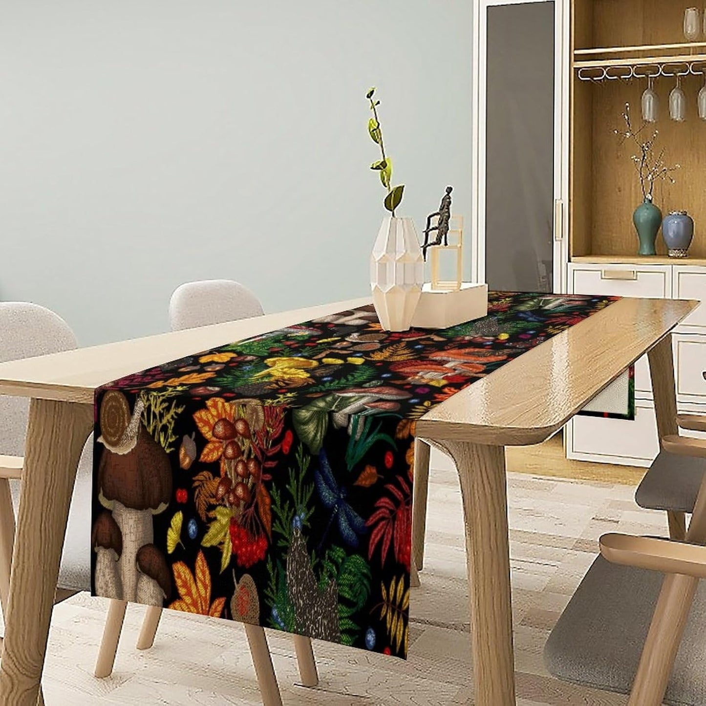 Nature Mushroom Table Runner,Retro Boho Floral Botanical Plant Forest Pattern Print Tablecloth Burlap for Hotel Indoors Outdoor Dining Room Kitchen Holiday Party, 13x80in