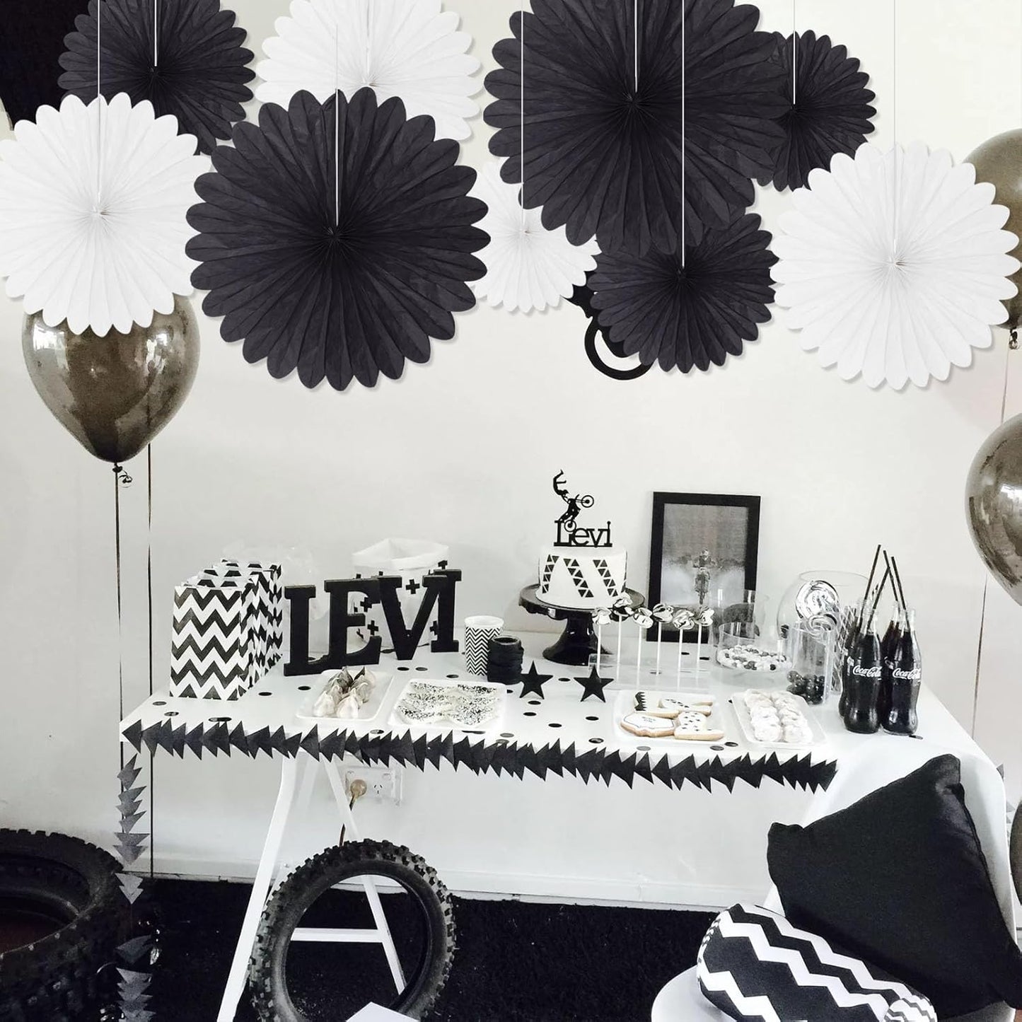 20 Pcs Black White Hanging Paper Fan, Round Paper Fans Decorations Set for Weddings, Birthdays, Engagement, Bridal Shower, Baby Shower Event, Graduation, Party Supplies Decor