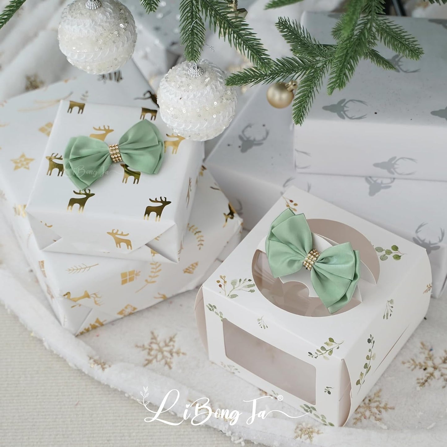 Moss Green Ribbon Bows 4'' Premade Satin Bow, Gift Bows with Rhinestone, Wrapping Bows for Presents, Greeting Cards, Treat Bags, Wine Bottles, Valentines Bows for Gift Wrapping-12 Counts