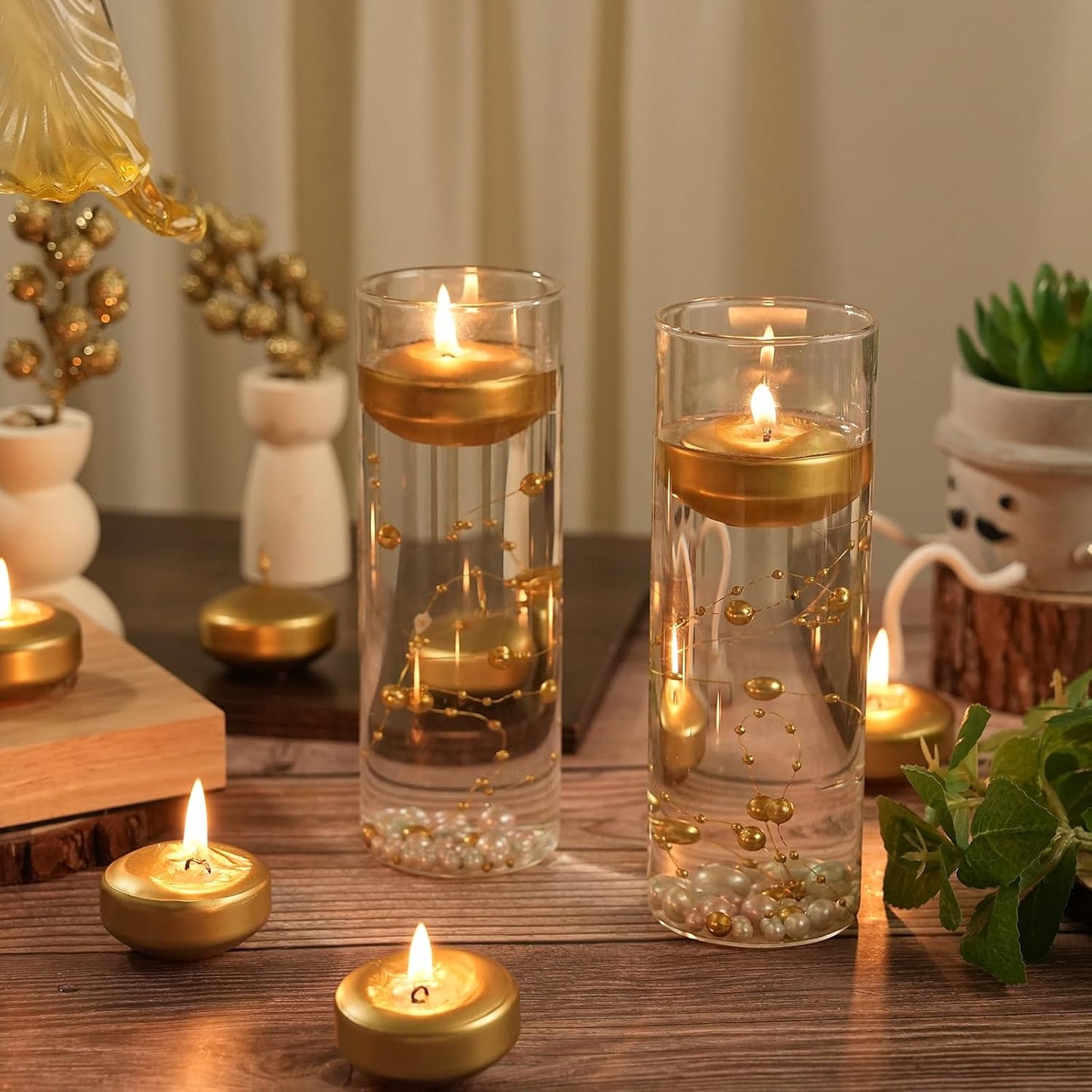 2 inch Gold Floating Candles, 48 Pack Unscented Floating Candles for Centerpieces,5-6 Hours Water Activated Candle Bulk for Cylinder Vases Wedding Pool