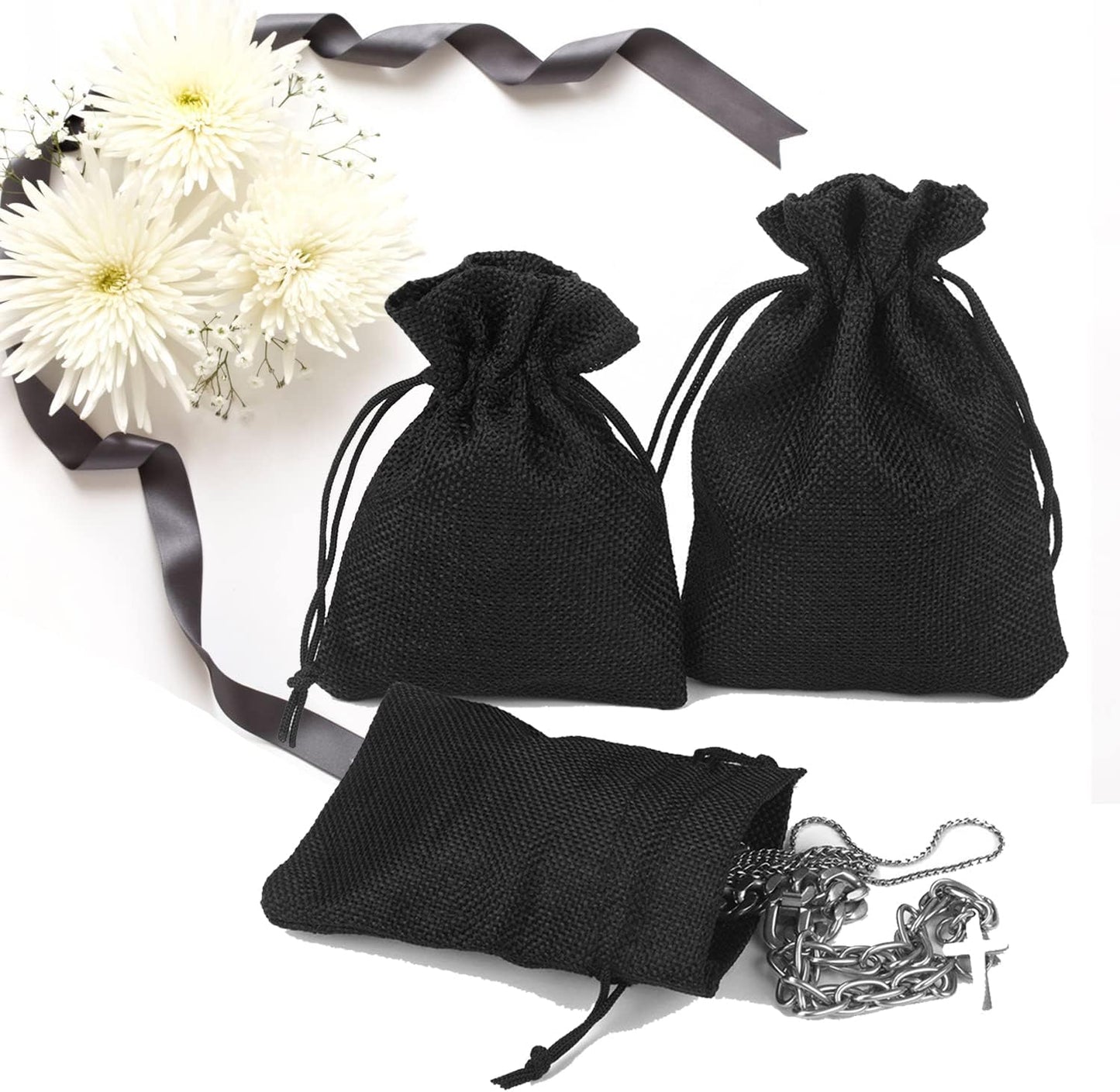 20pcs Burlap Drawstring Gift Bags, 3.9 x 5.5 Black Linen Pouches Candy Jewelry Party Halloween Wedding Favor Bags