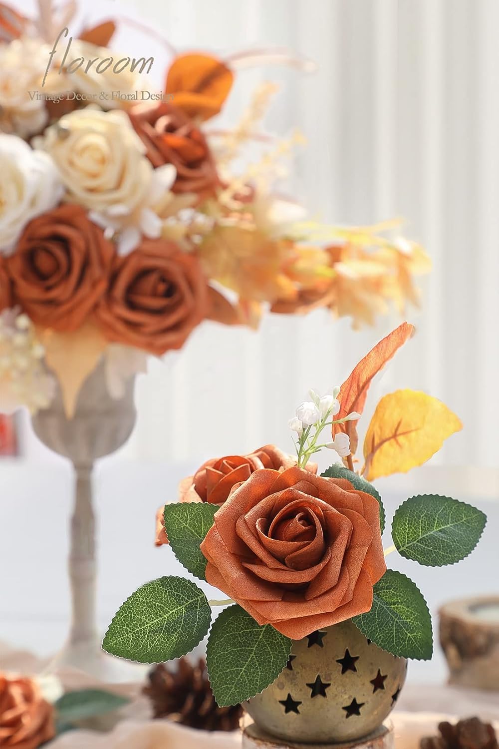 Floroom Artificial Flowers 25pcs Real Looking Burnt Orange Foam Fake Roses with Stems for DIY Terracotta Wedding Bouquets Bridal Shower Centerpieces Floral Arrangements Party Tables Home Decorations