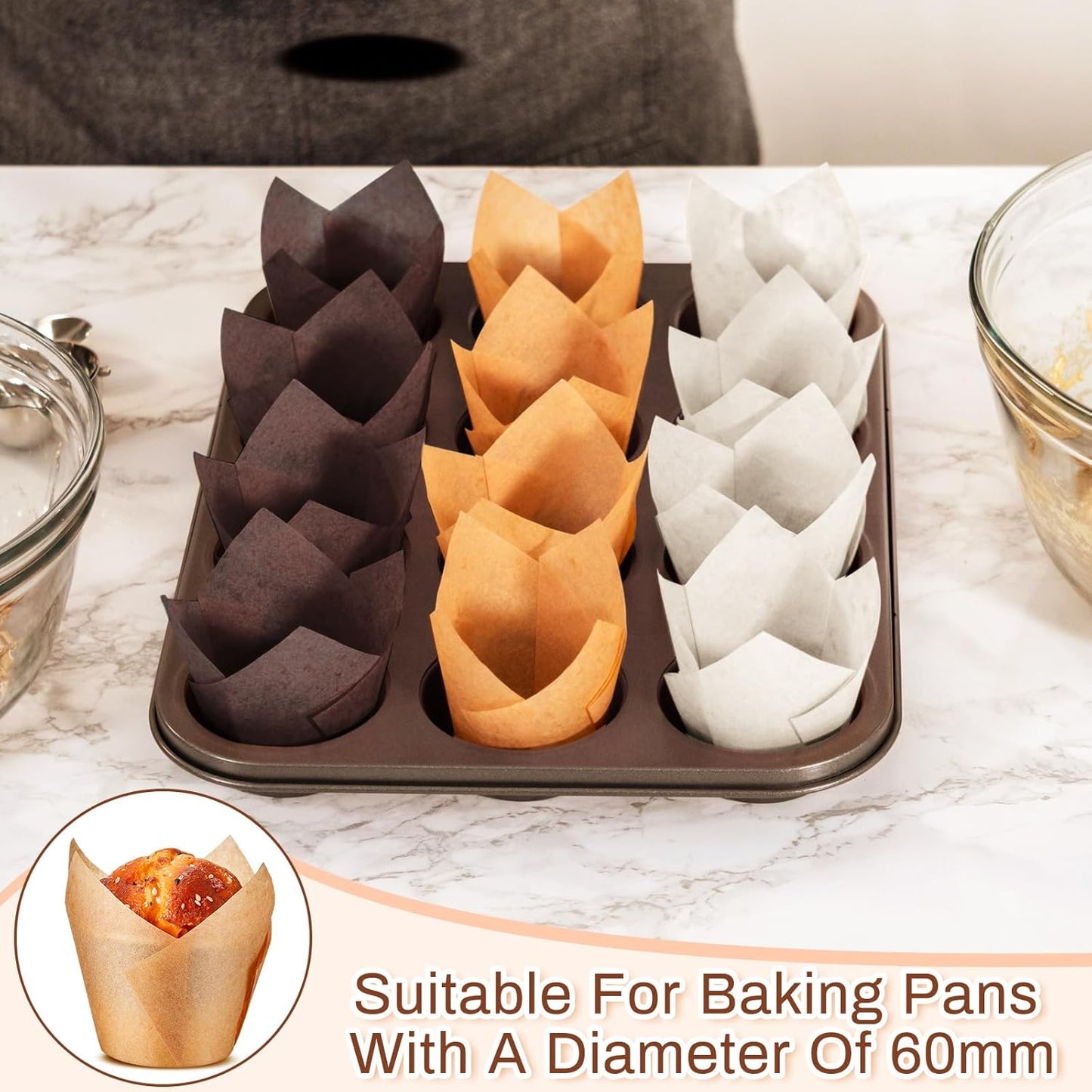 300 Pcs Jumbo Muffin Liners for Baking 2-1/4" x 4" Large Tulip Cupcake Liners Greaseproof Cupcake Wrapper Paper for Weddings Birthday Christmas Anniversaries Party (Light Brown,White,Brown)