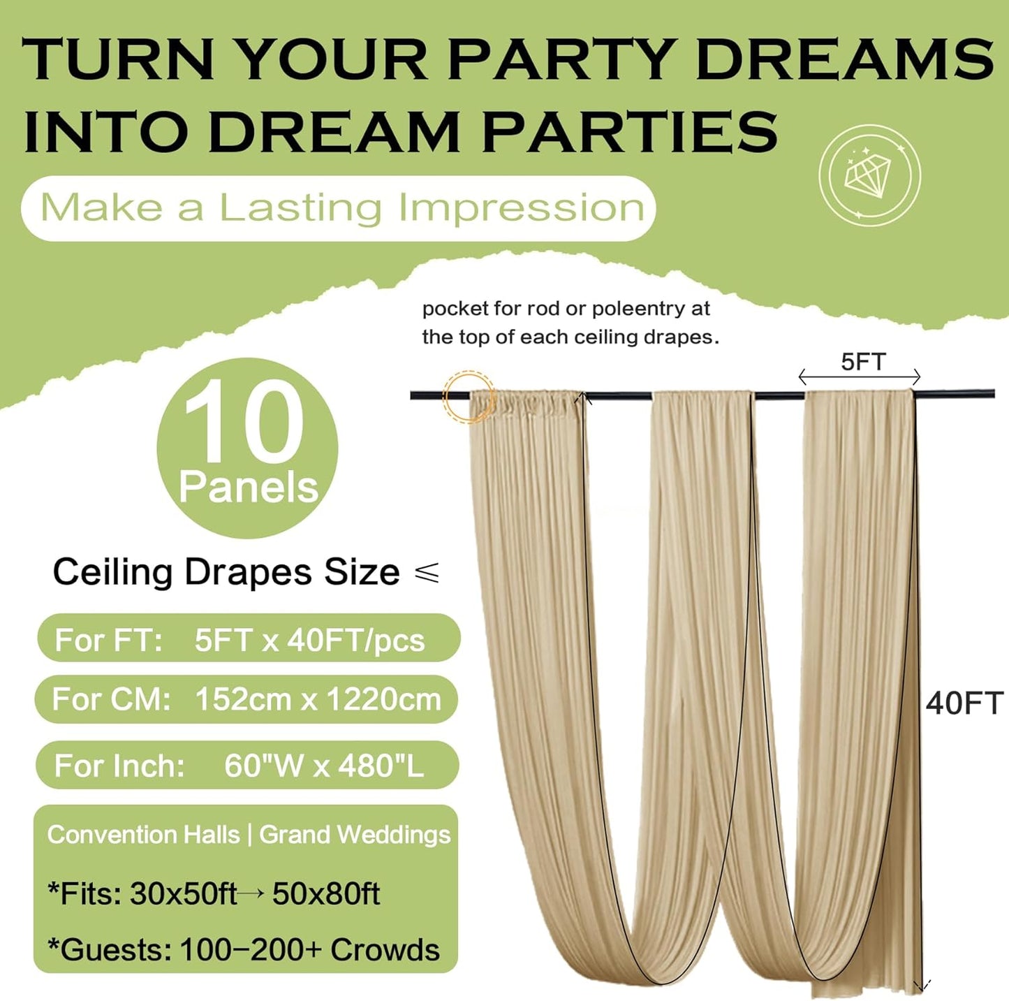 PartyVillage 50ftx40ft Beige Ceiling Curtain for Wedding Parties – 10 Panels Wrinkle-Free 40 FT Long Tent Draping Curtains for Wedding, Birthday & Theme Parties, 40ft Height with Rod Pocket