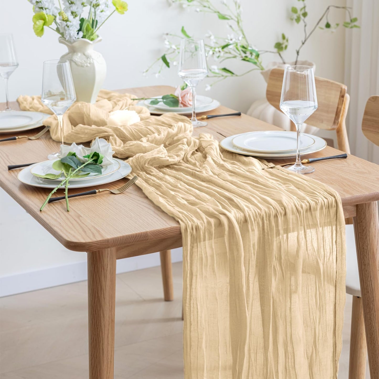 Asee'm 3pcs Cheesecloth Table Runner 120 Inches Long Sand Boho Gauze Cheese Cloth Runner 10FT Rustic Sheer Table Runners for Christmas Wedding Party Baby Shower Spring Easter Decoration