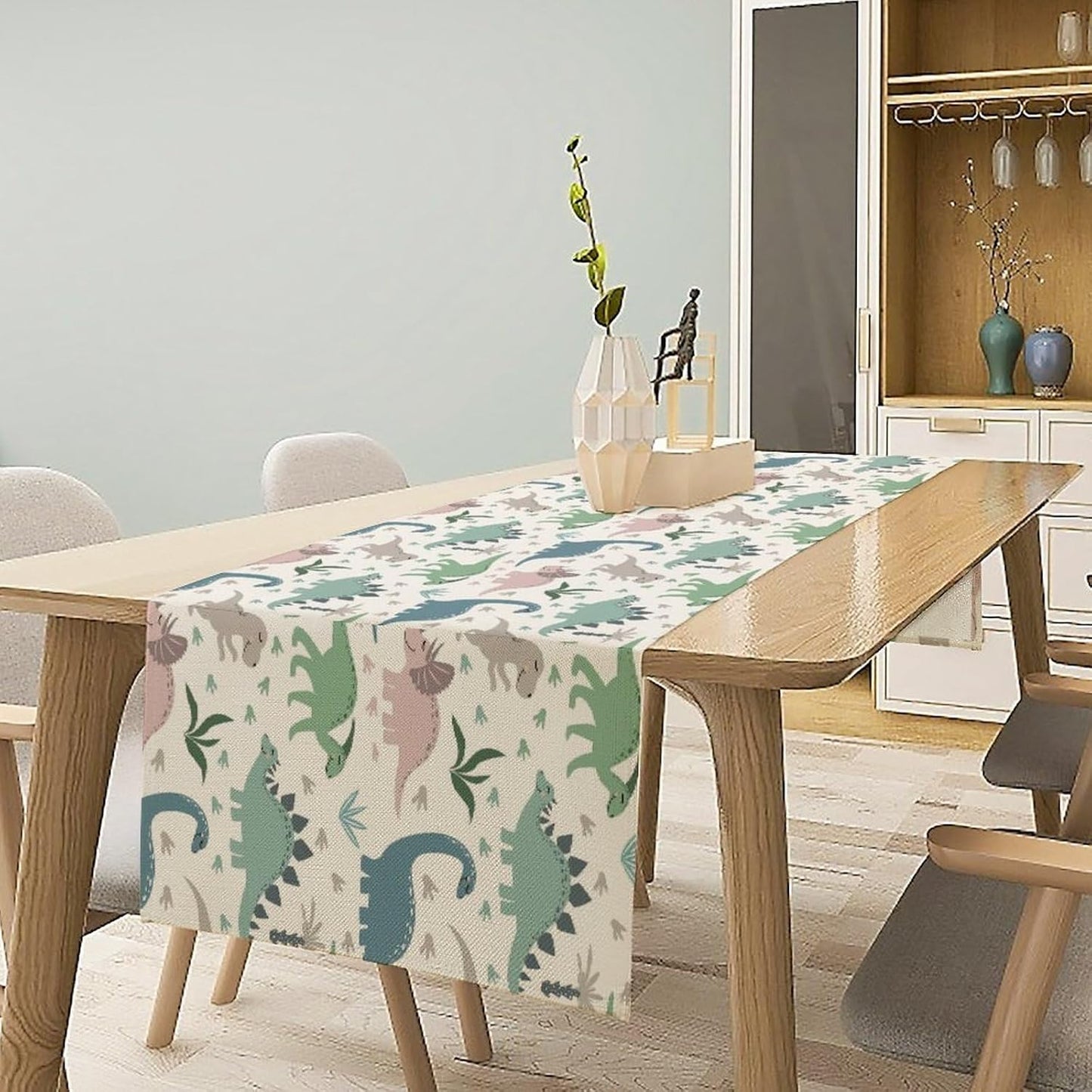 Cartoon Dinosaur Table Runner,Kids Boys Cute Colorful Animal Dino Abstract Print Tablecloth Burlap for Hotel Indoors Outdoor Dining Room Kitchen Holiday Party, 13x70in