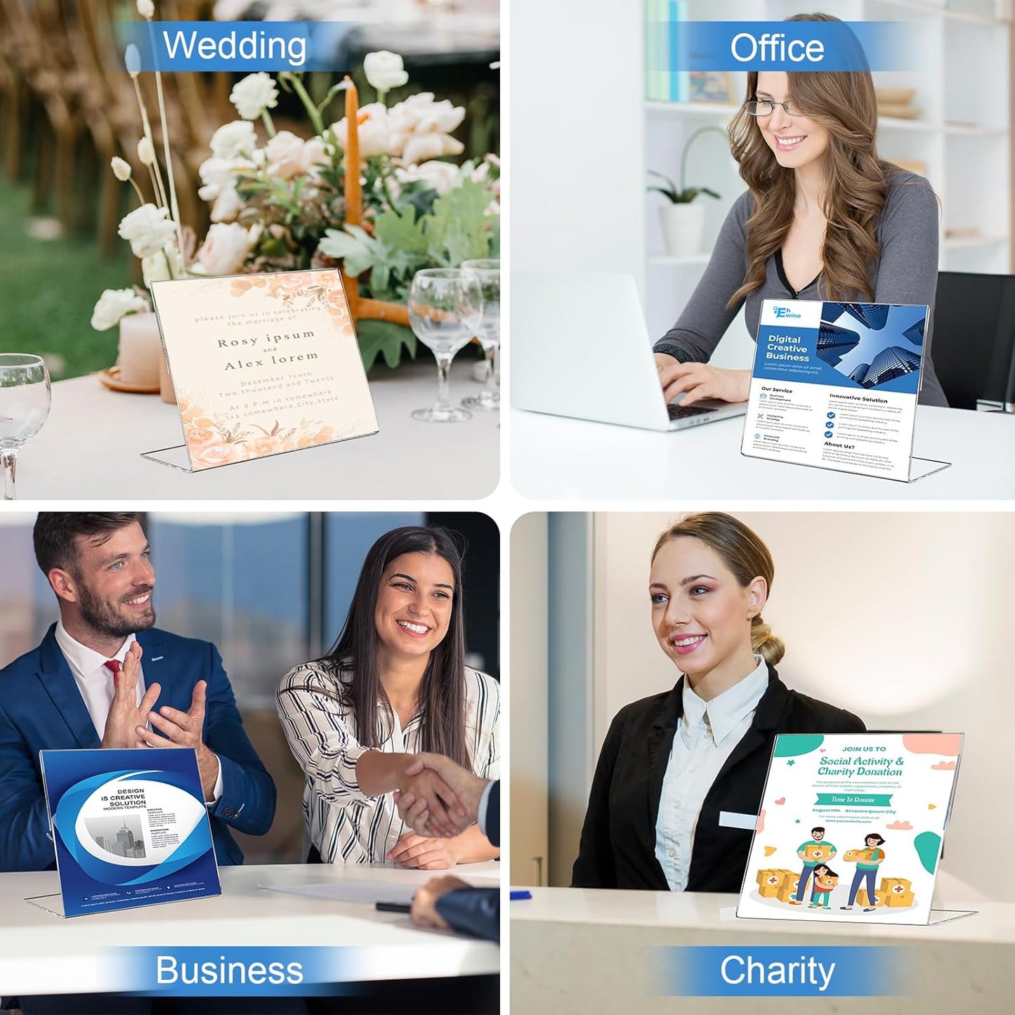 EHWINE 12 Pack 8.5 x 11 Acrylic Sign Holder Horizontal, Clear Plastic Signs Display Stand, Slanted Back Paper Holder Stand up Table Top Sign Holders Flyer Stand Frames for Office Business Store