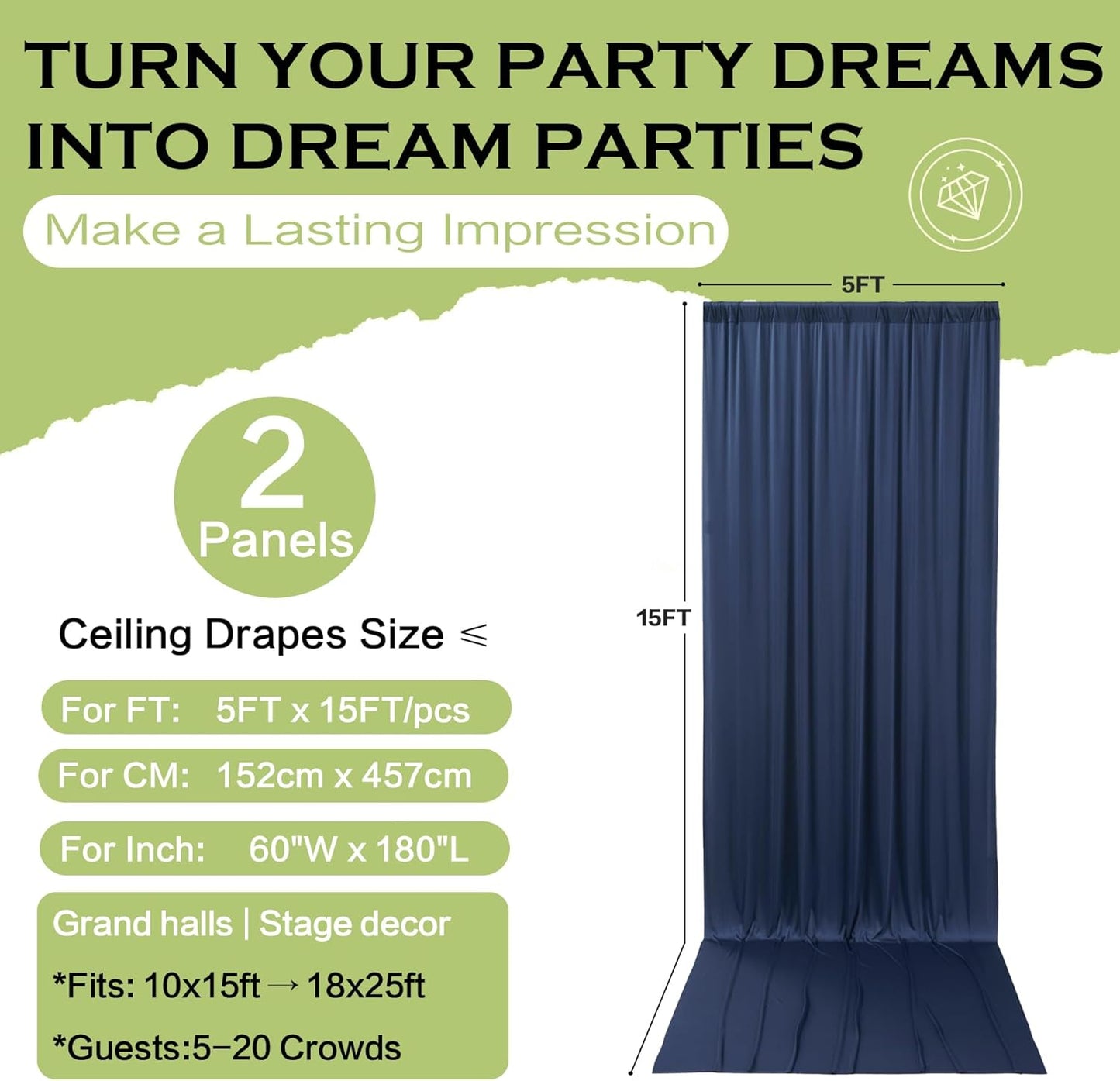 PartyVillage 10ft×15ft Navy Blue Backdrop Curtain for Wedding Parties, 2 Panels Wrinkle Free 15 FT Long Polyester Photo Backdrop Drapes Back Drop Cloth for Birthday Photography Background