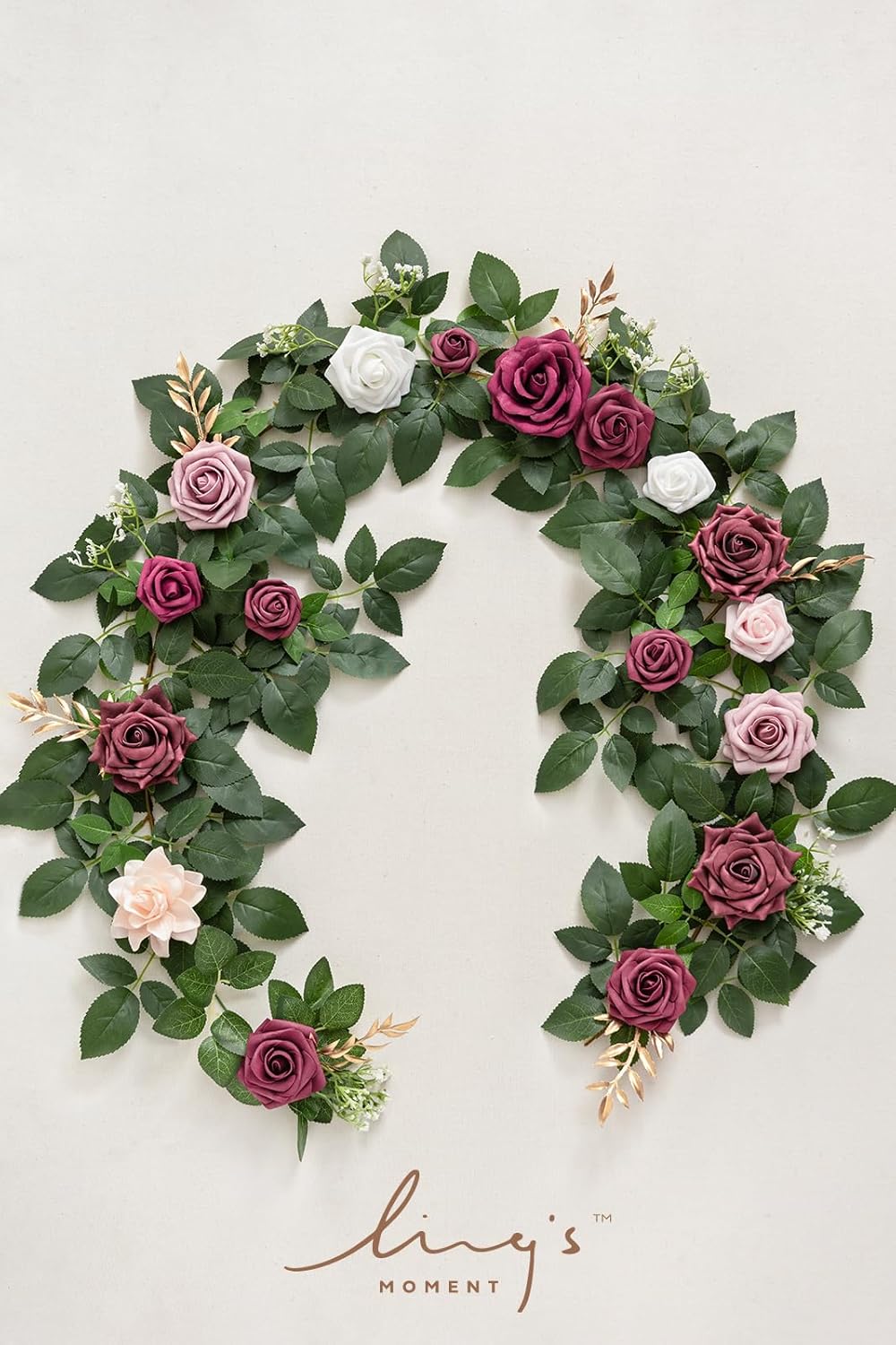Ling's moment 5FT Burgundy Artificial Flower Garland Dusty Rose Leaves Floral Garland Arch Flowers Vine for Wedding Party Backdrop Decor Mantel Home Table Centerpieces Wall Decorations