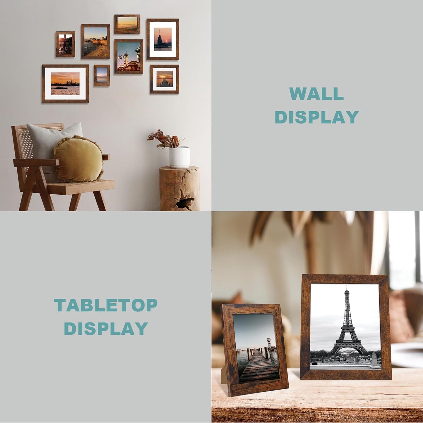 6x6 Picture Frame Set of 4 with Real Glass, Rustic Frames Display 4x4 Picture with Mat or 6 x 6 Without Mat, Square Photo Frame for Wall Mount and Tabletop Display