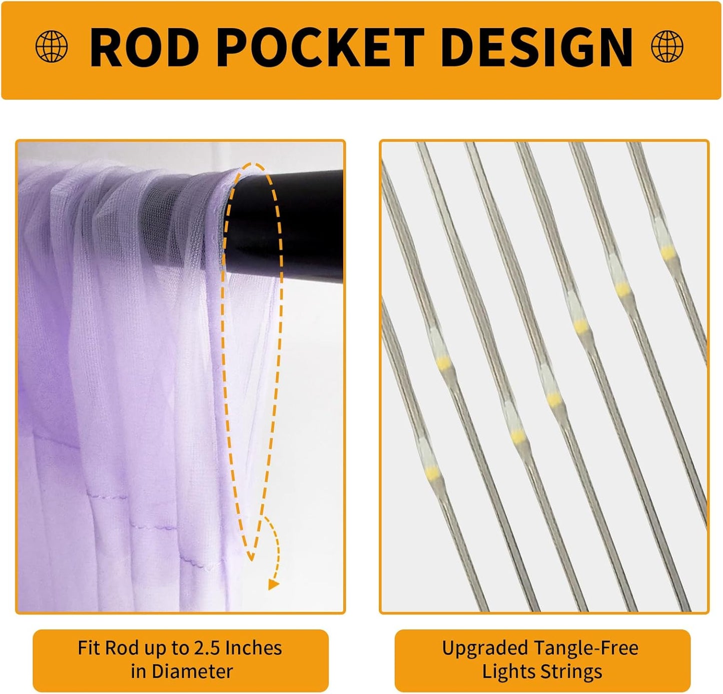 Lavender Tulle Backdrop Curtain with Lights String - 10x10ft Sheer Backdrop with 300 LEDs for Wedding, Baby Shower, Bridal Shower, Birthday Party Photo Shoot Background and Home Decorations