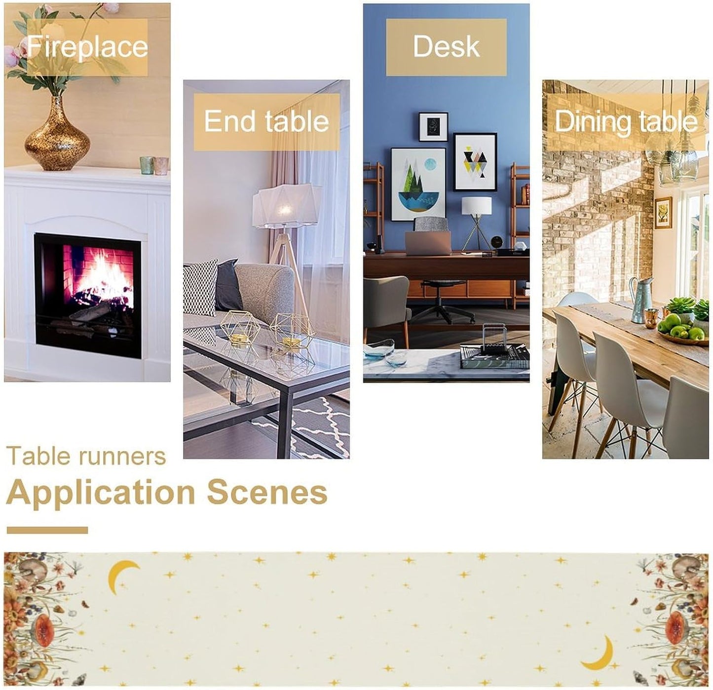 Mushroom Kitchen Table Runner, Gothic Moon Star Plants Witchy Moonlit Flower Butterfly Table Runner for Kitchen Dinner Living Room Drapes, 13x60 Inch White